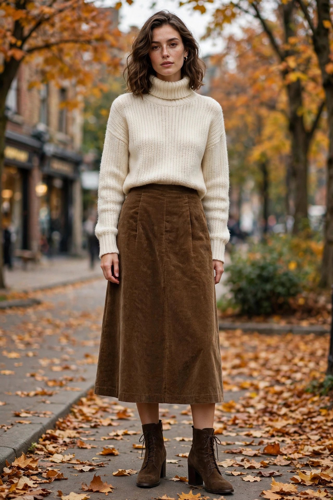 Woman in a red clearance sweater with dark jeans and gold hoops