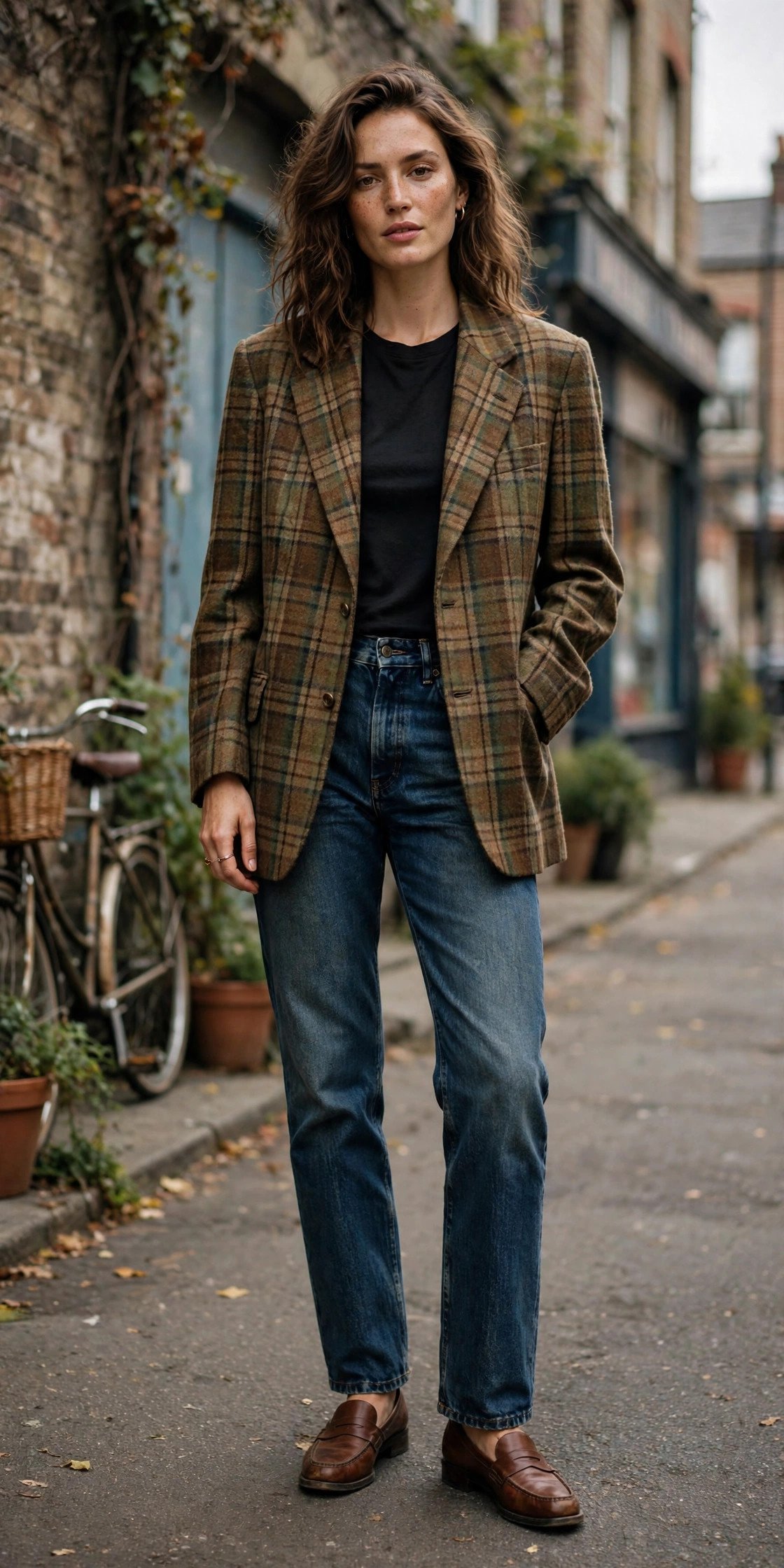 Woman in a polka-dot blouse with a borrowed blazer and jeans