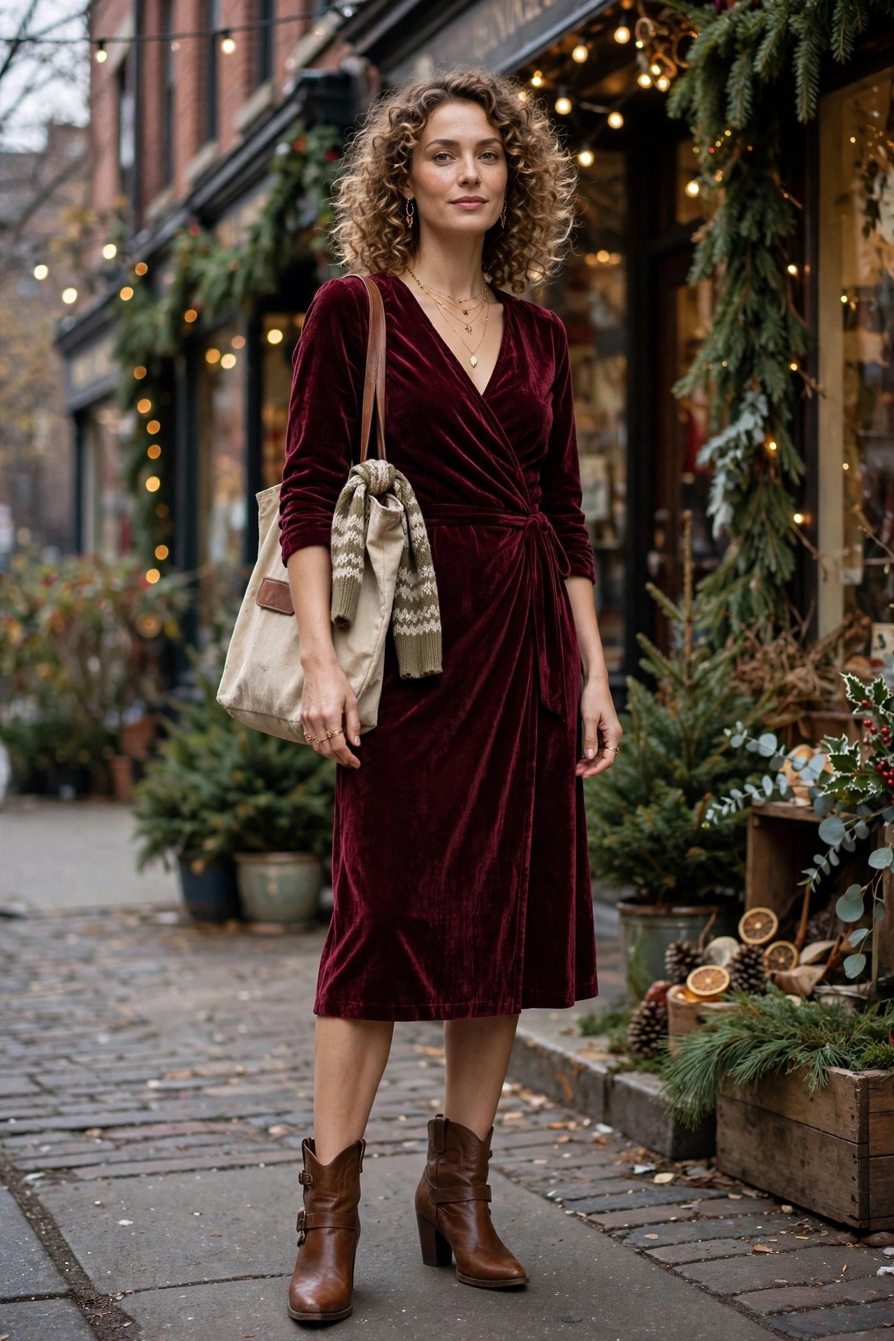 Woman in a velvet camisole top with dark jeans