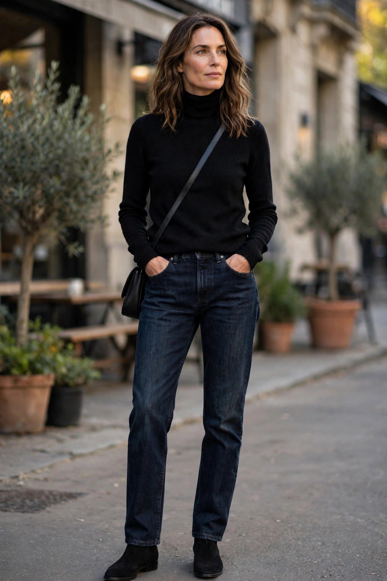 Woman over 40 in black turtleneck sweater with dark jeans
