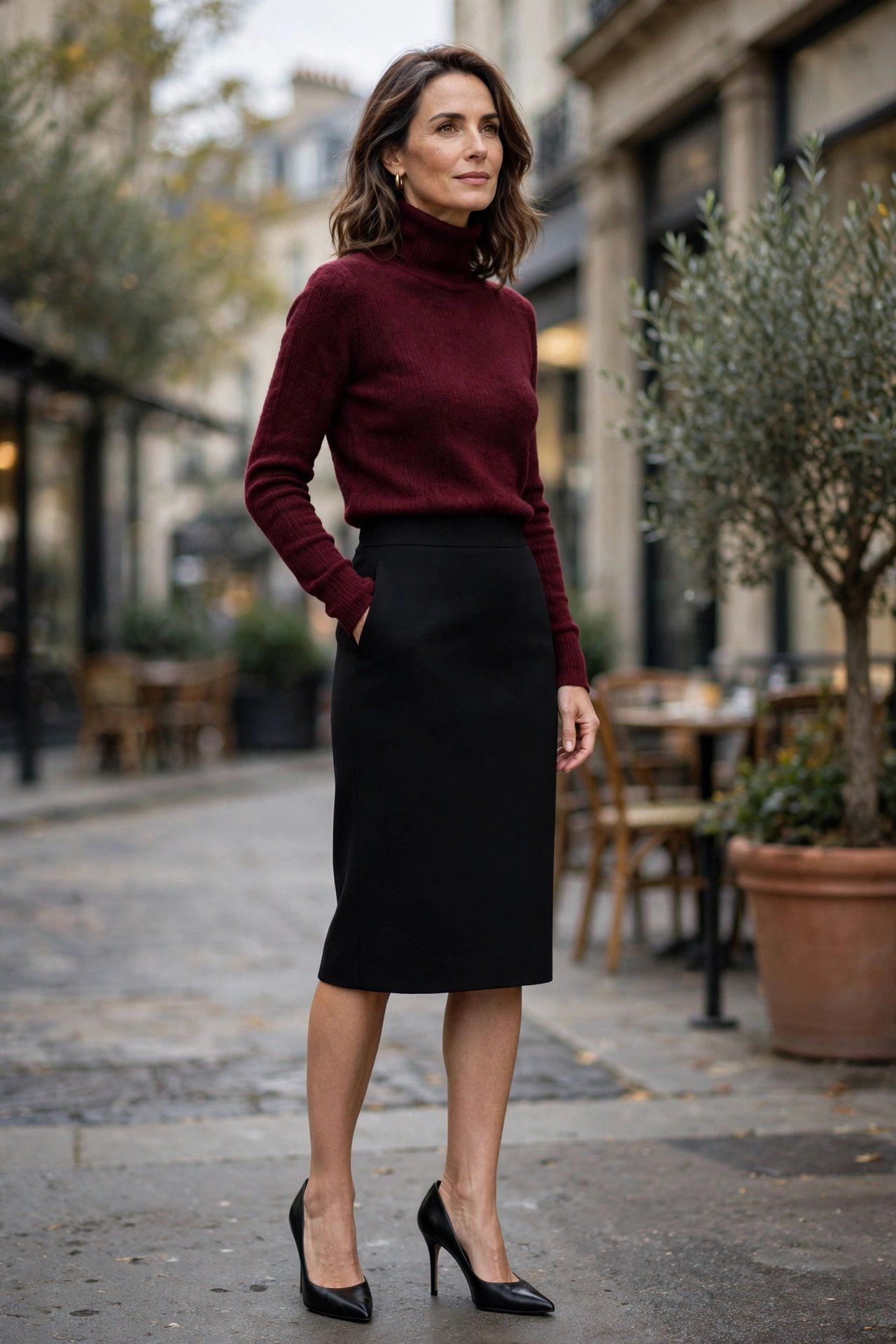 Woman in burgundy turtleneck sweater with black pencil skirt