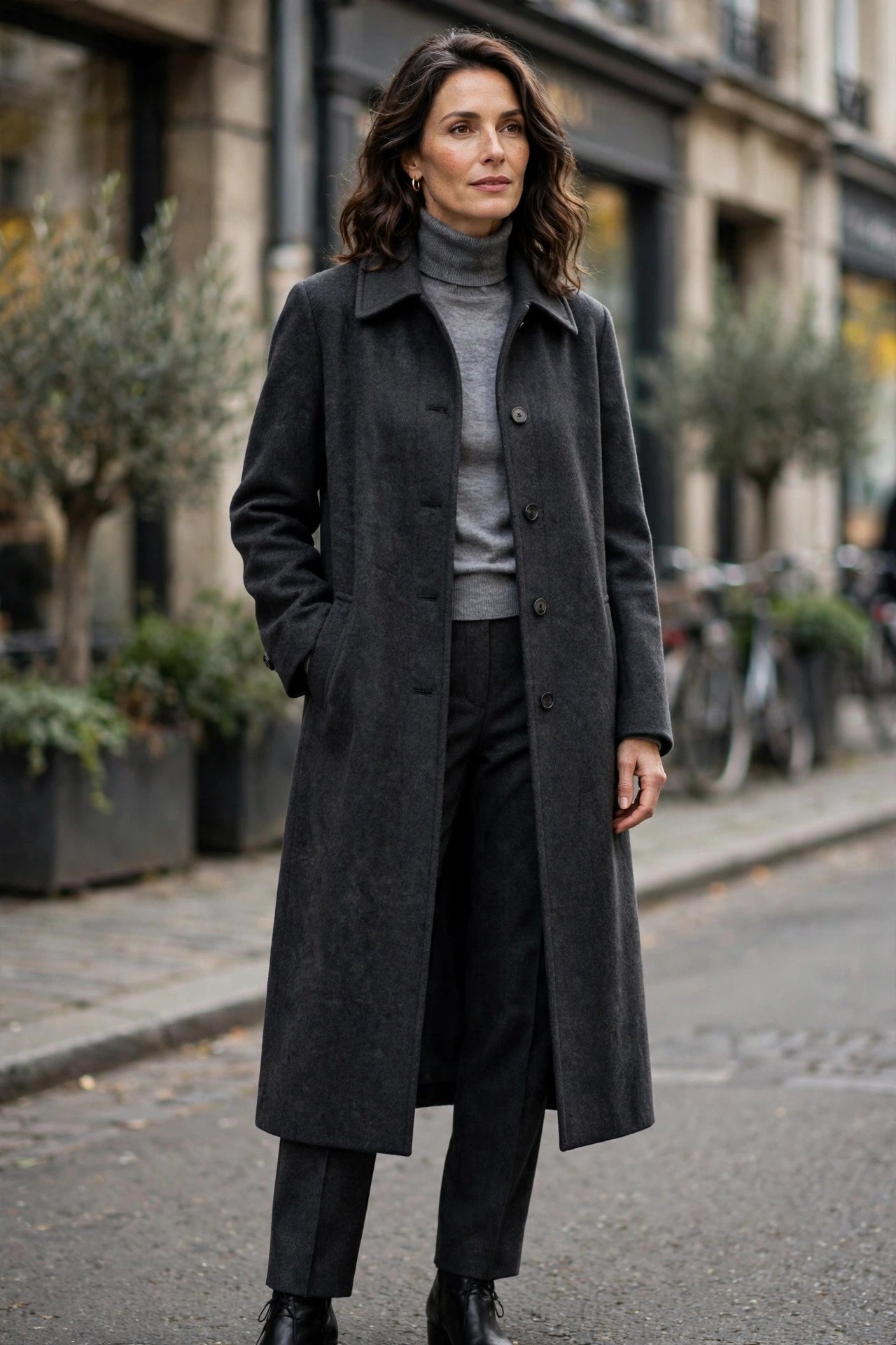 Woman in gray turtleneck sweater with long wool coat