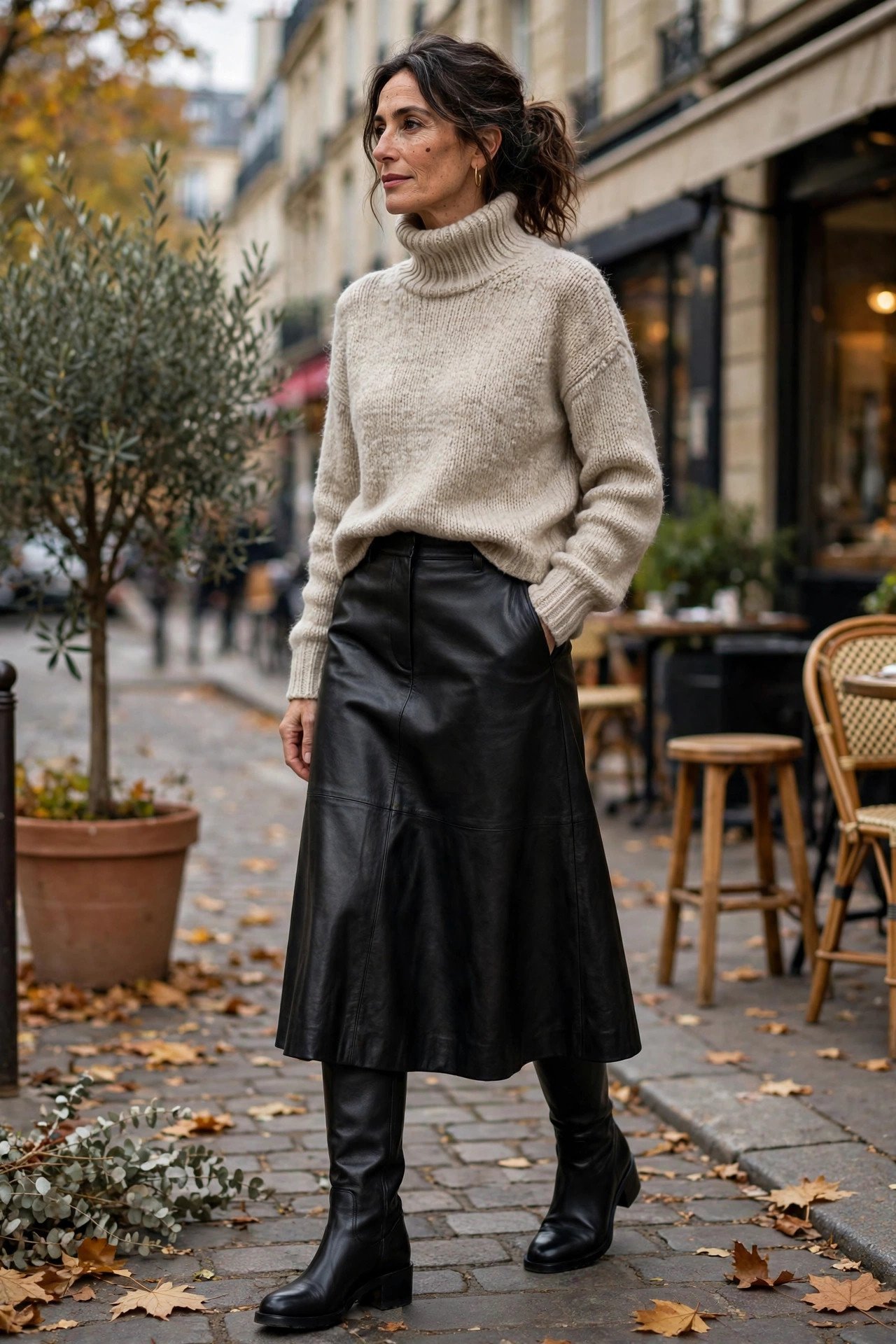 Woman in oatmeal turtleneck sweater with leather skirt