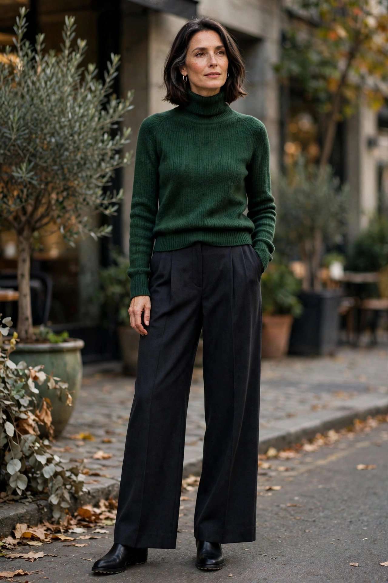 Woman in forest green turtleneck sweater with dark wide leg pants
