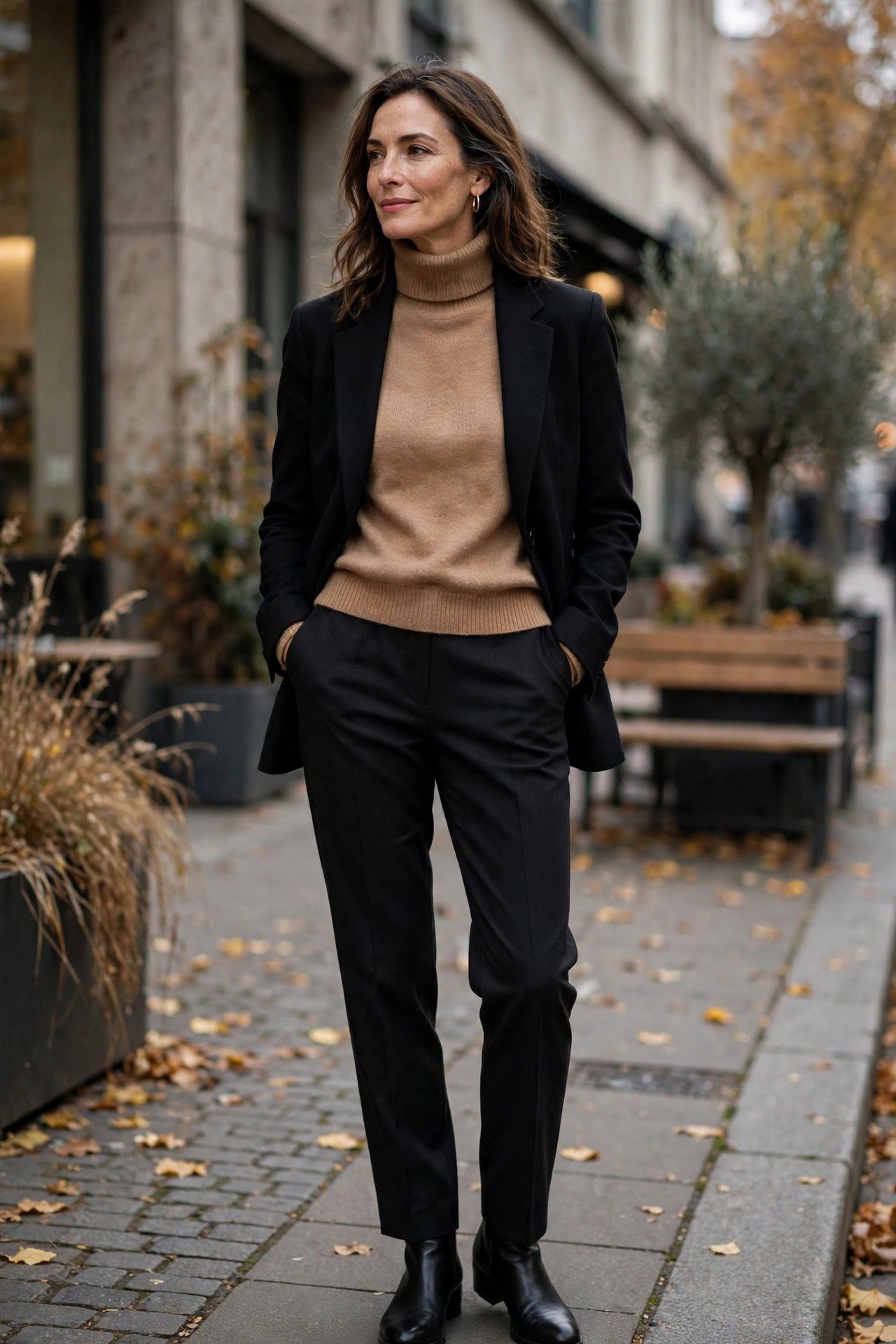 Woman in camel turtleneck sweater with black blazer
