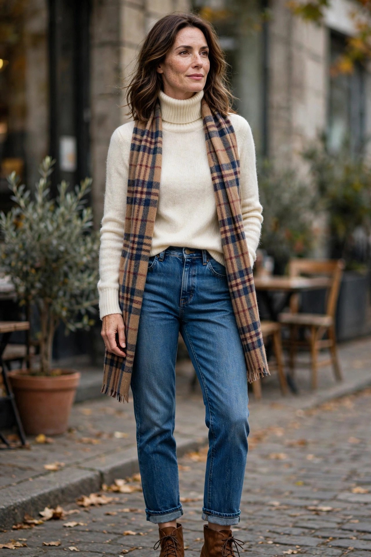 Woman in ivory turtleneck sweater with plaid scarf and jeans