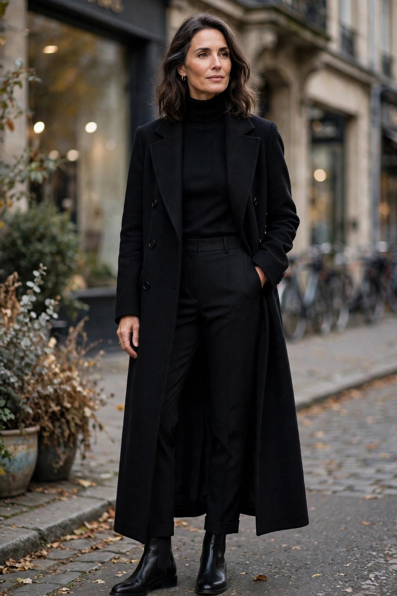 Woman in black turtleneck sweater with statement coat