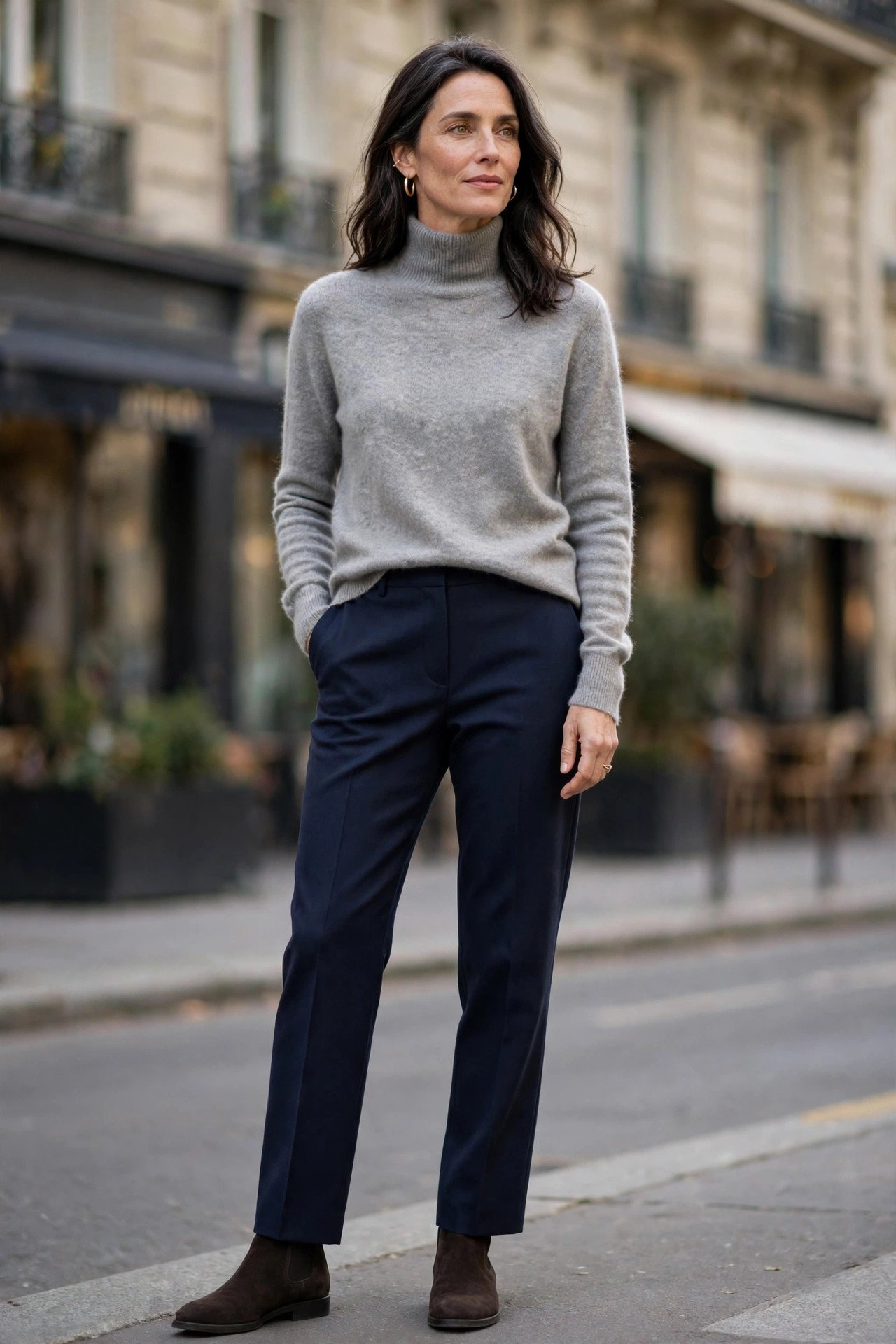 Woman in gray turtleneck sweater with straight leg trousers