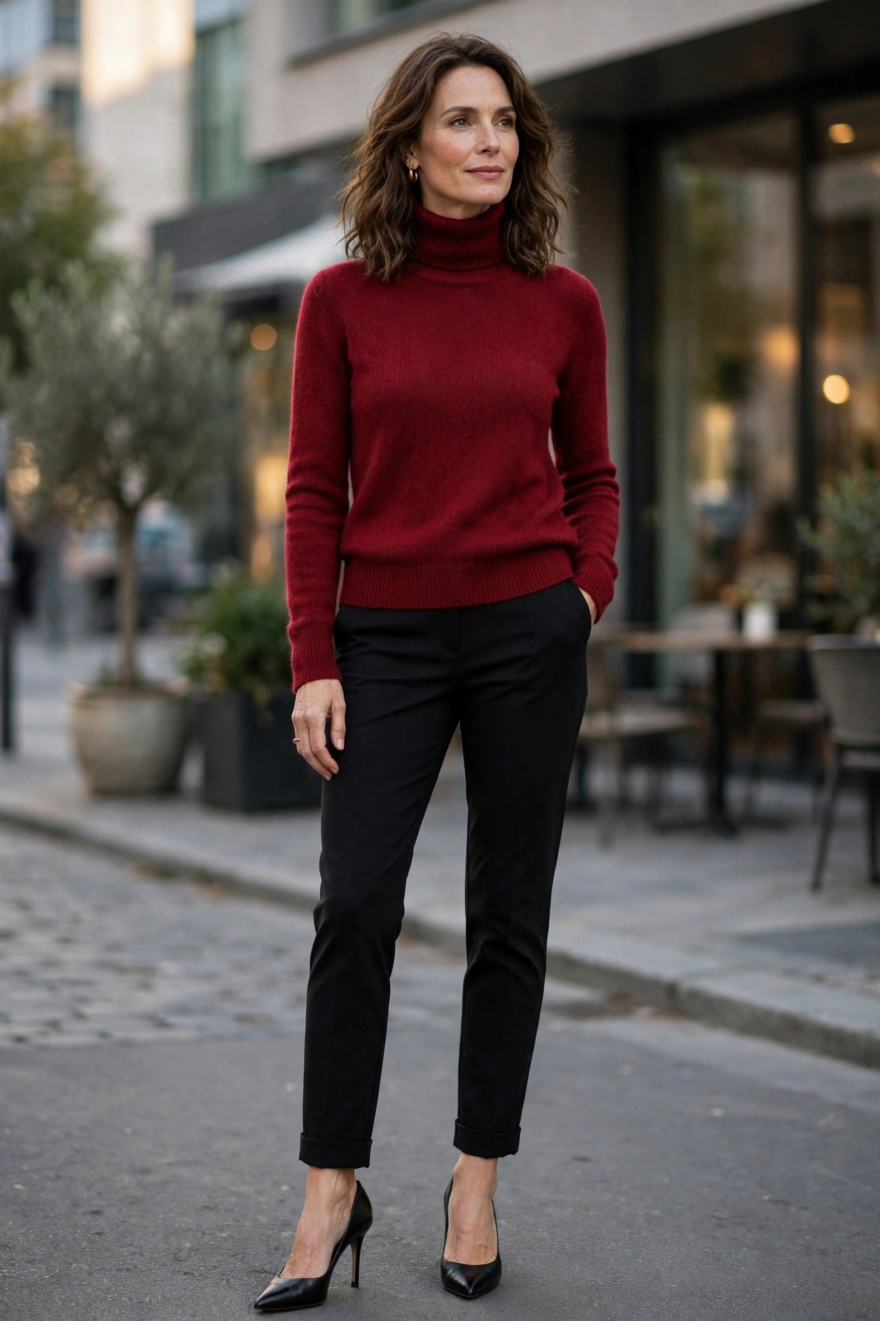 Woman in wine turtleneck sweater with black ankle pants