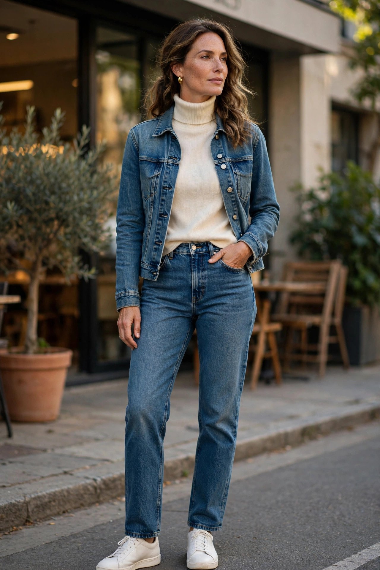 Woman in cream turtleneck sweater with denim jacket and jeans