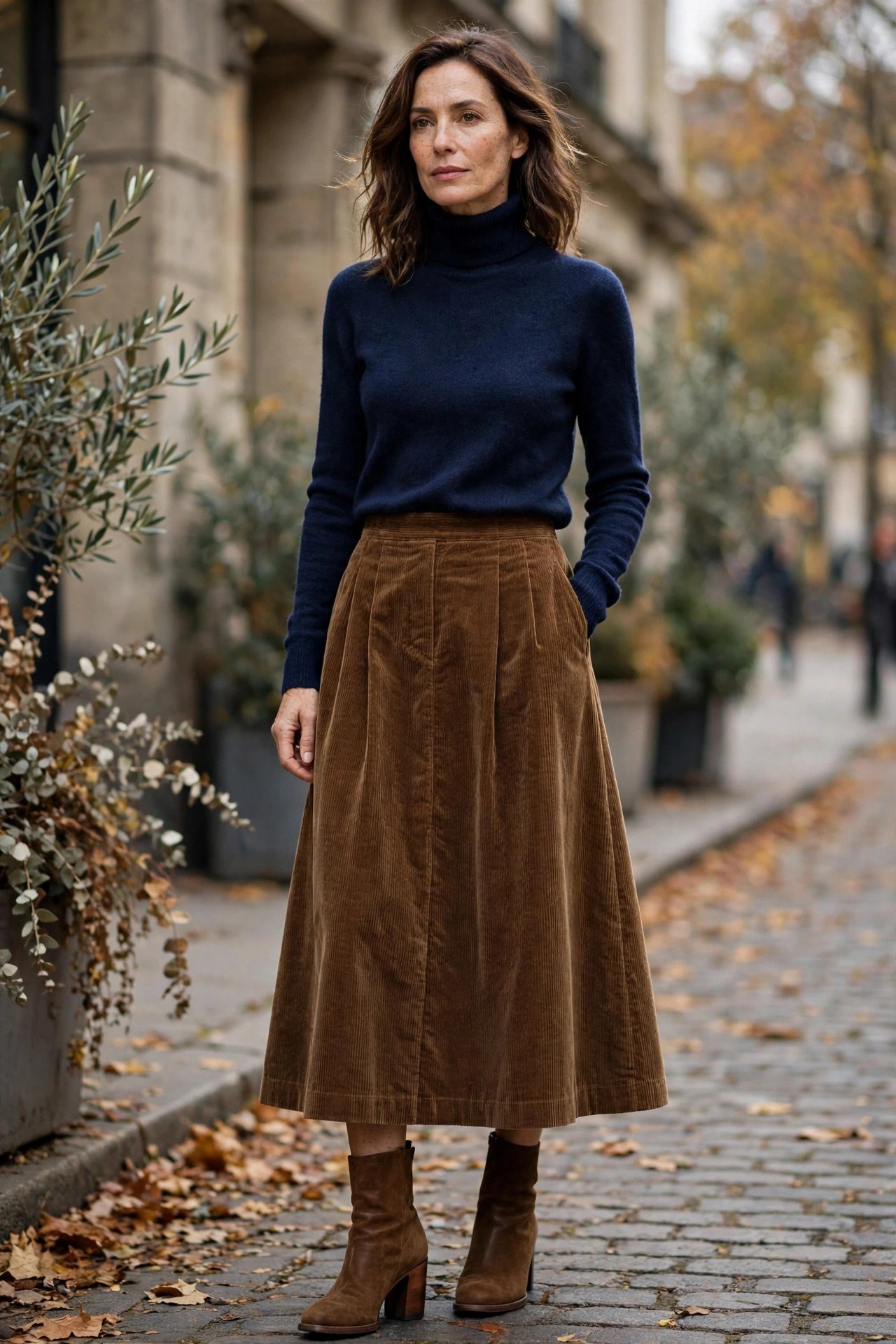 Woman in navy turtleneck sweater with corduroy skirt