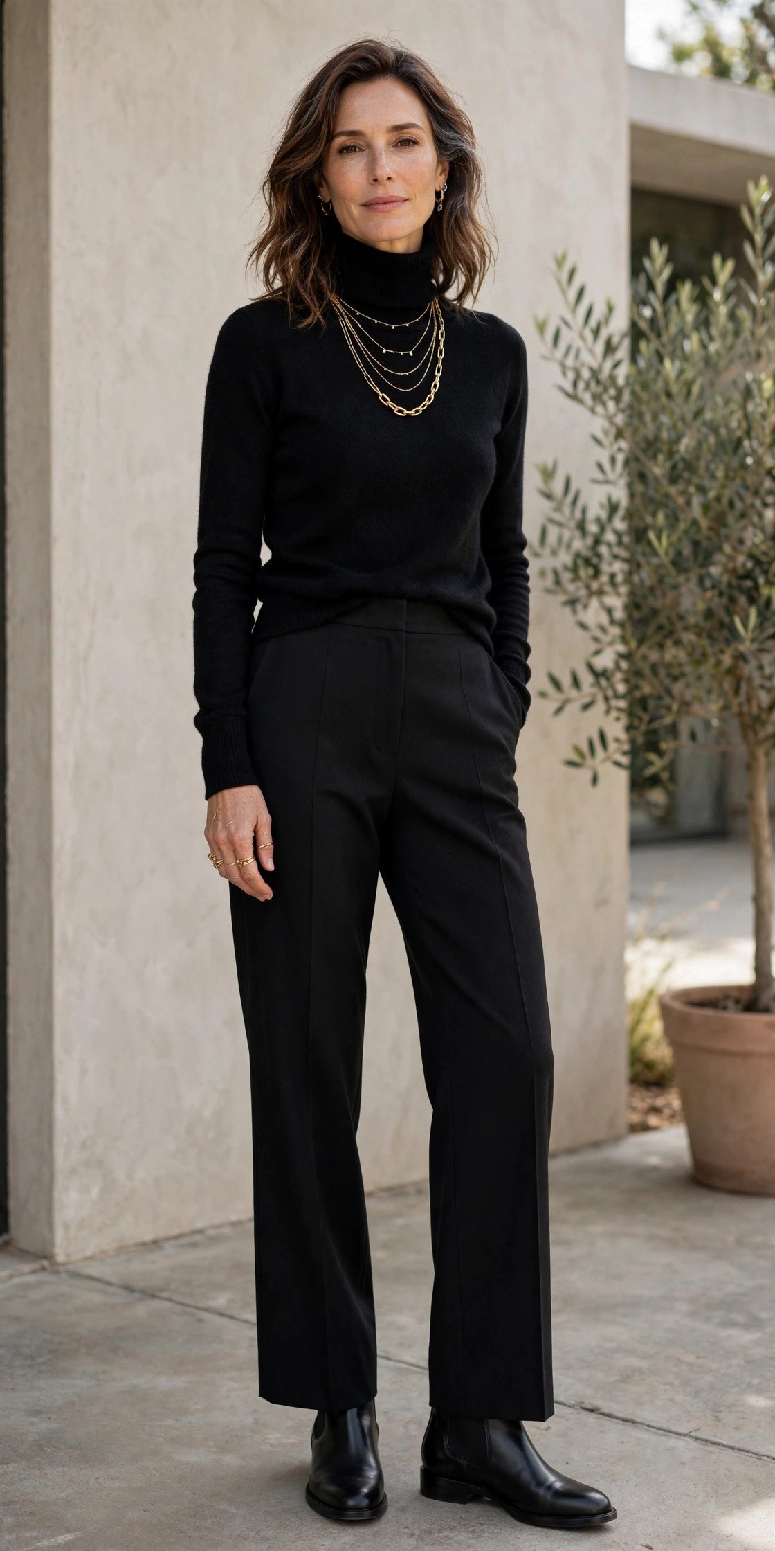 Woman in black turtleneck sweater with gold jewelry