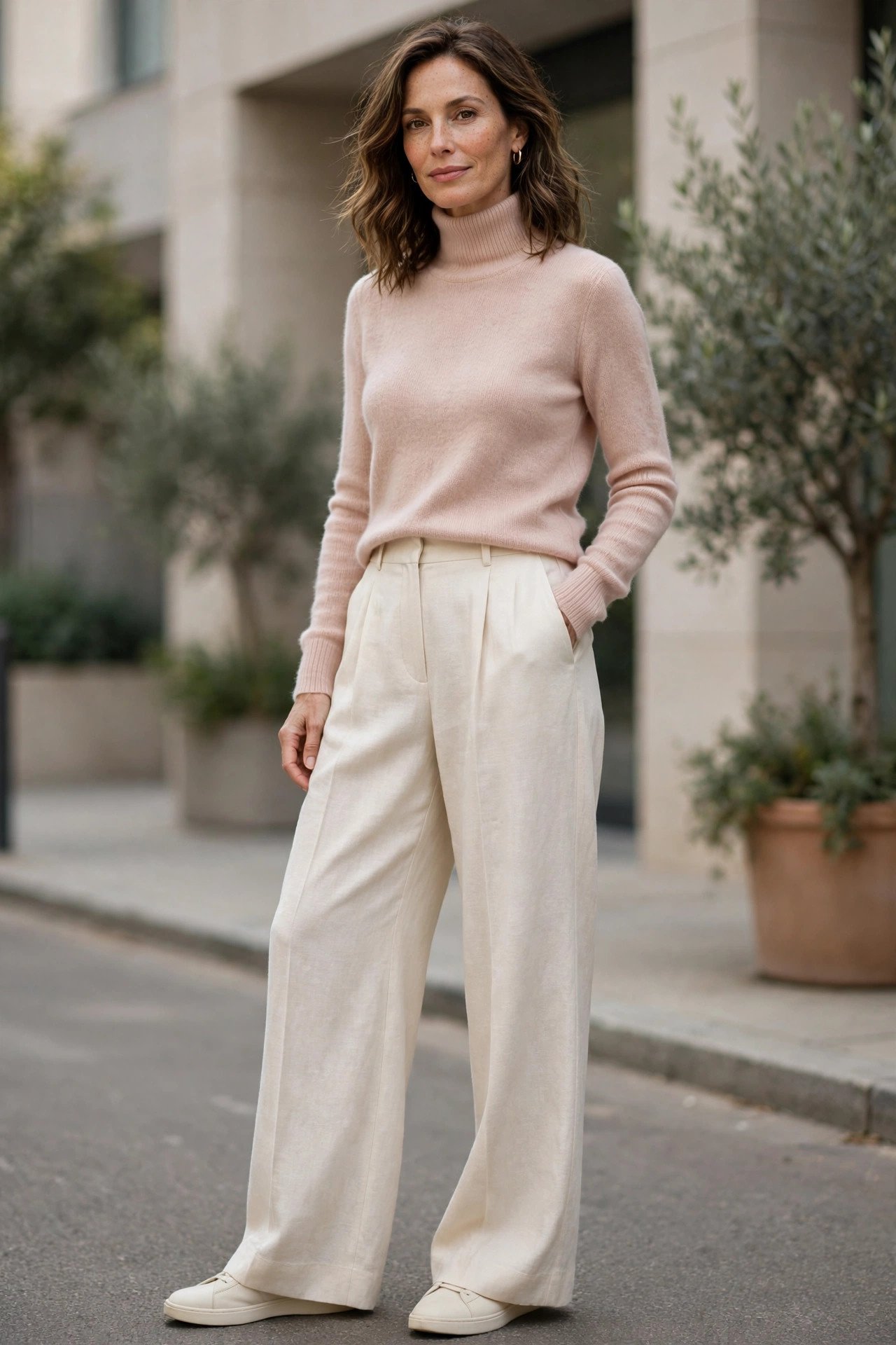 Woman in blush turtleneck sweater with cream trousers