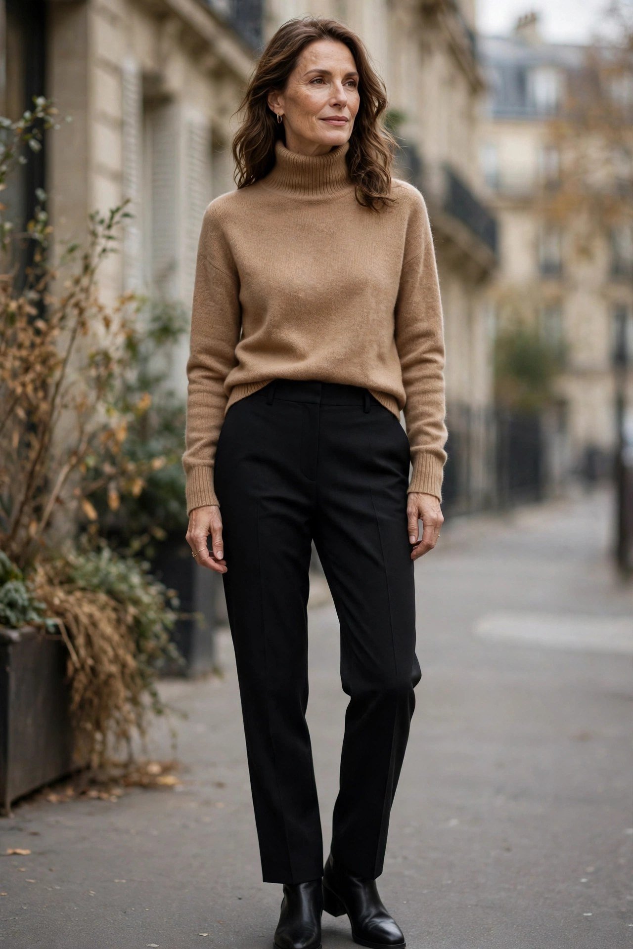 Woman wearing camel coat over black turtleneck