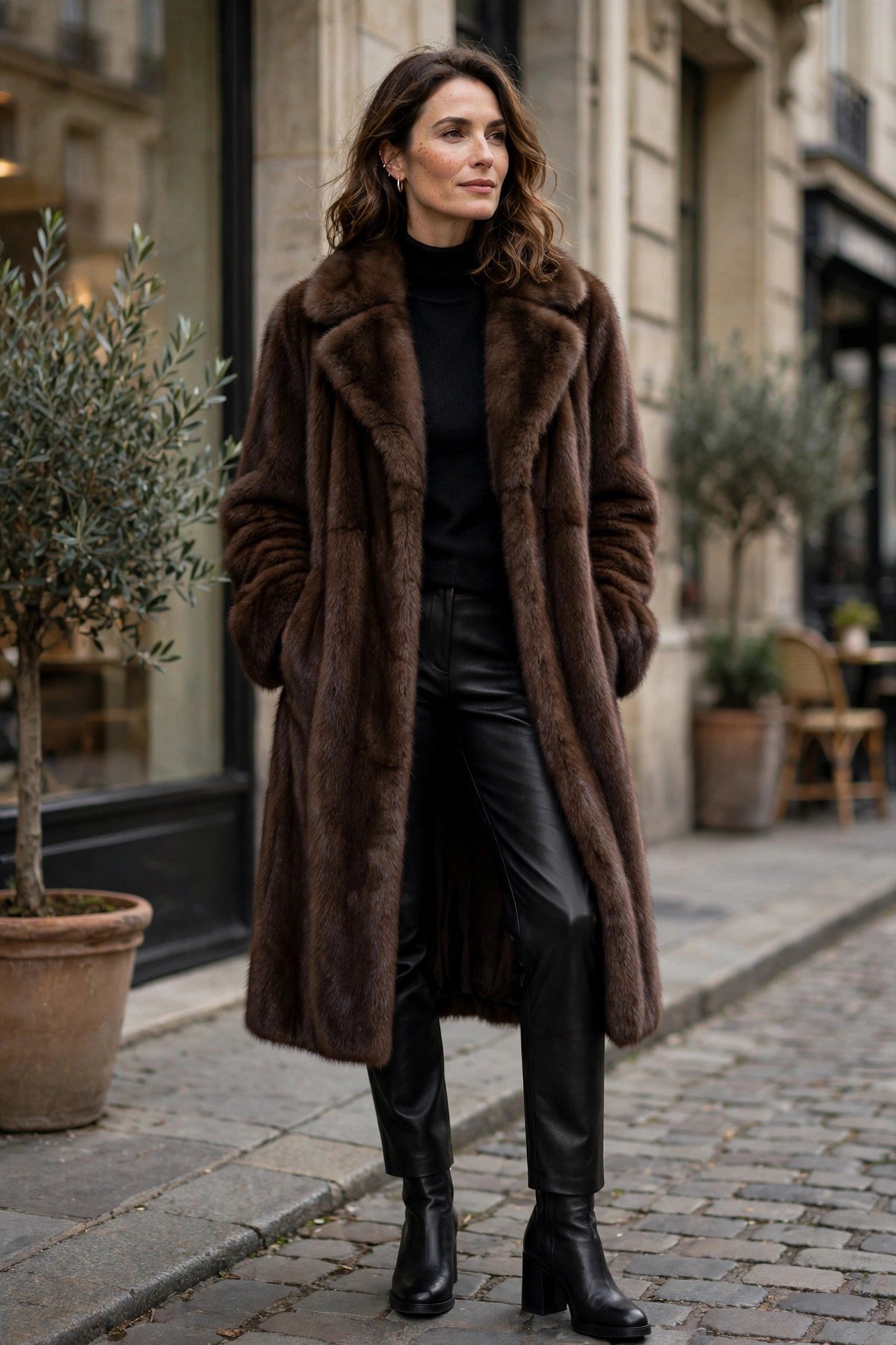 Woman in brown faux fur coat with black leather pants