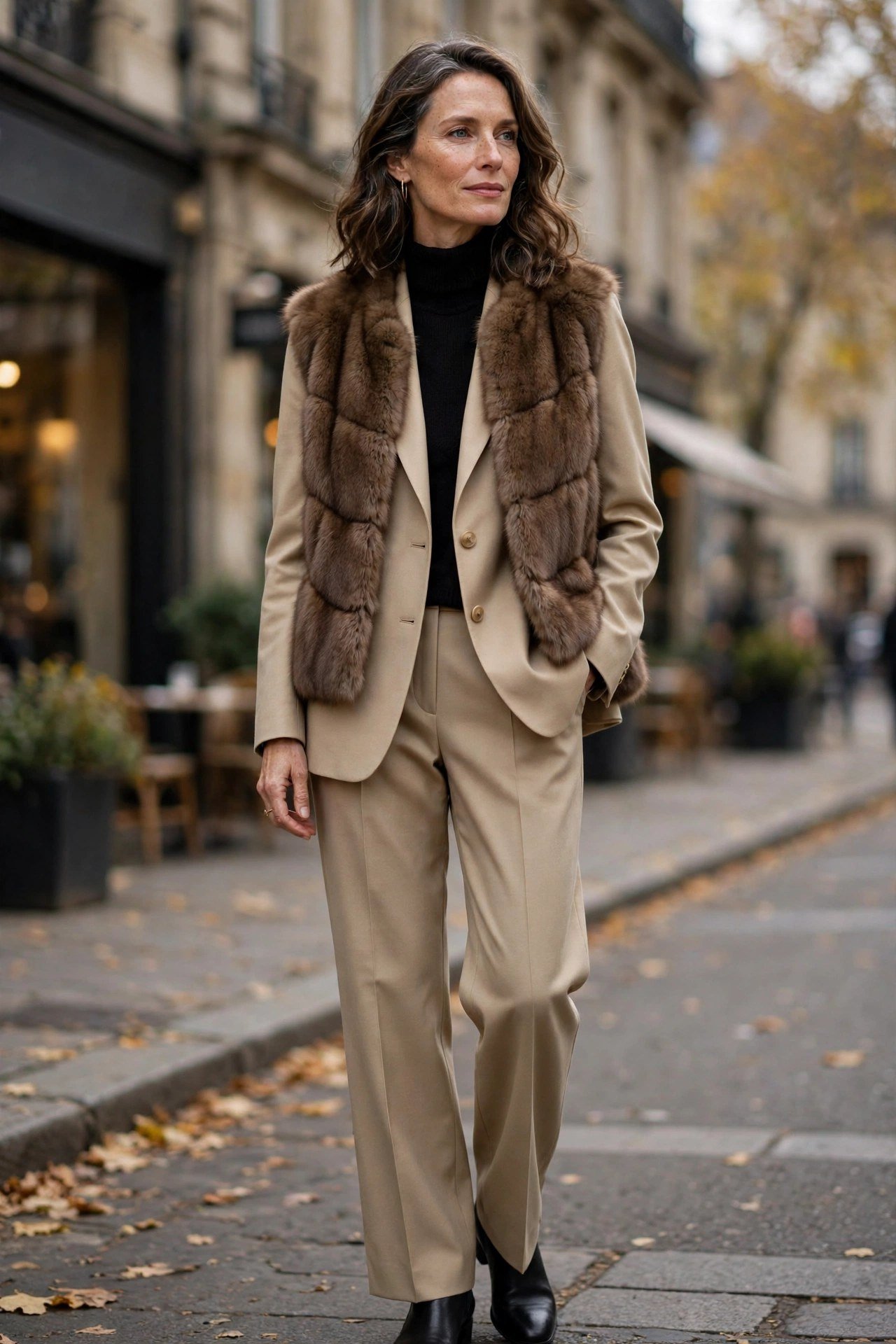 Woman wearing brown fur vest over tailored blazer