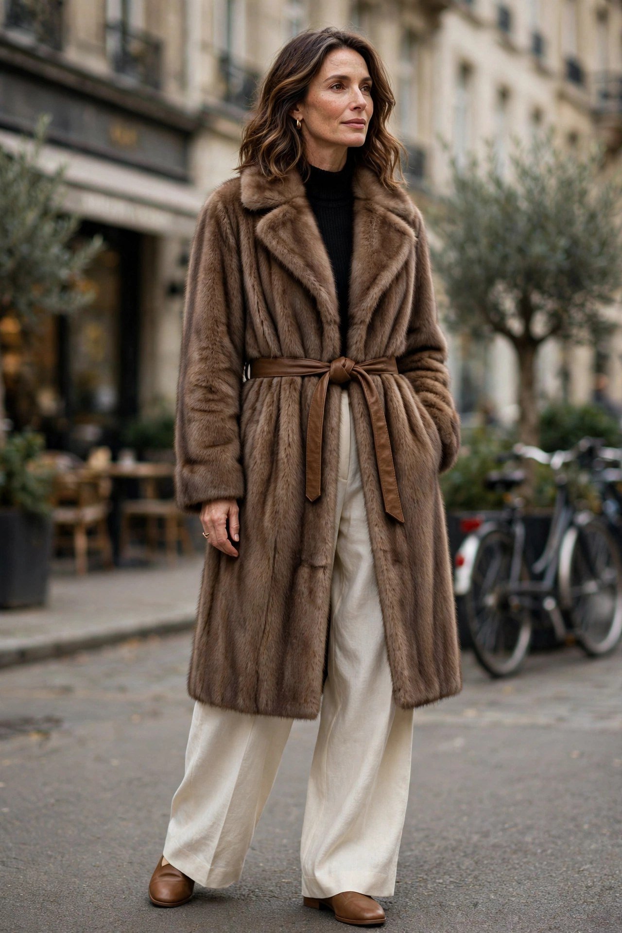Woman in belted faux fur coat with wide leg trousers