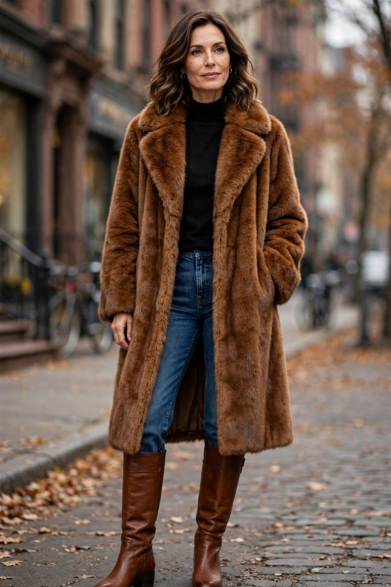 Woman in cognac fur coat with jeans and knee high boots
