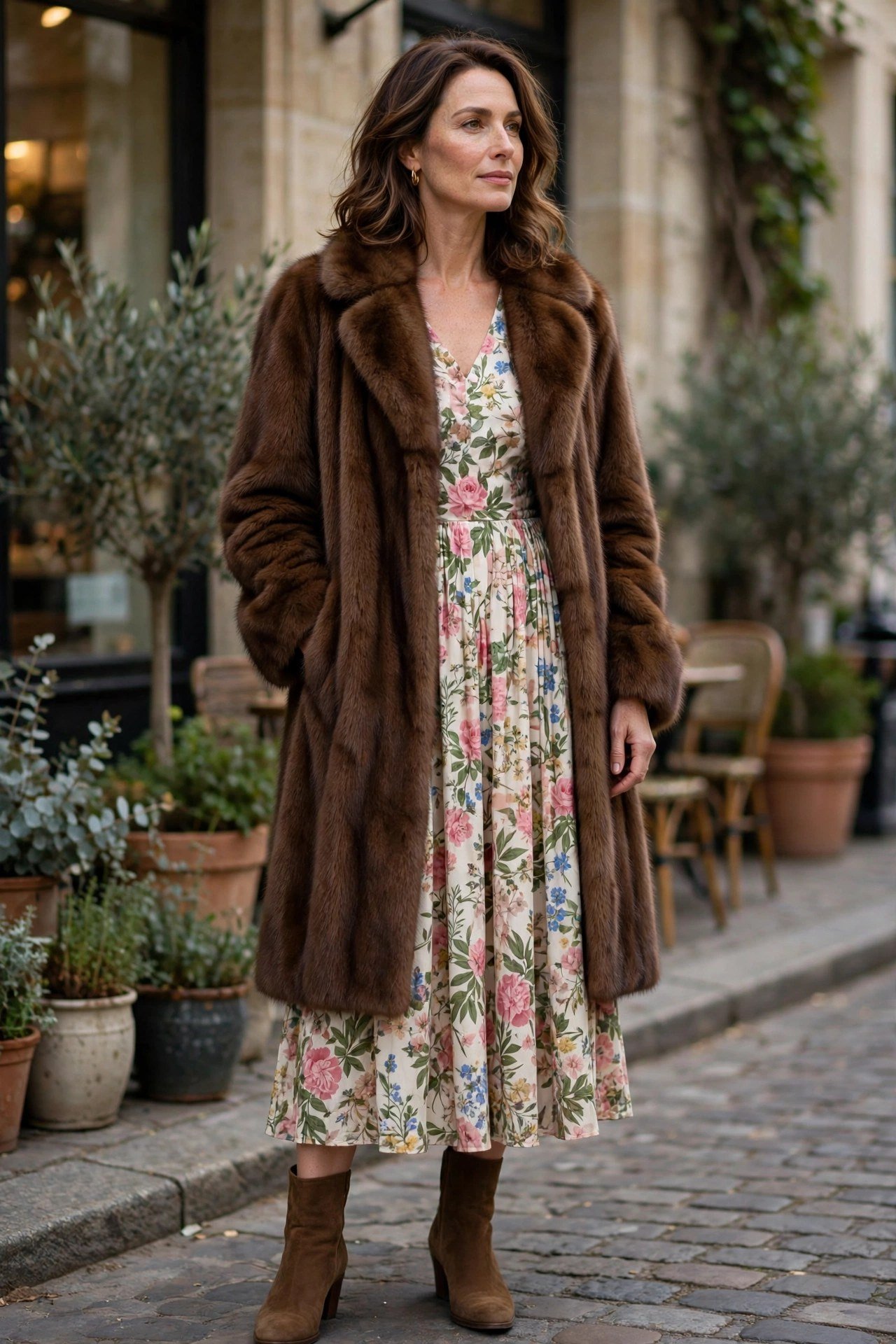 Woman in brown fur coat over floral midi dress