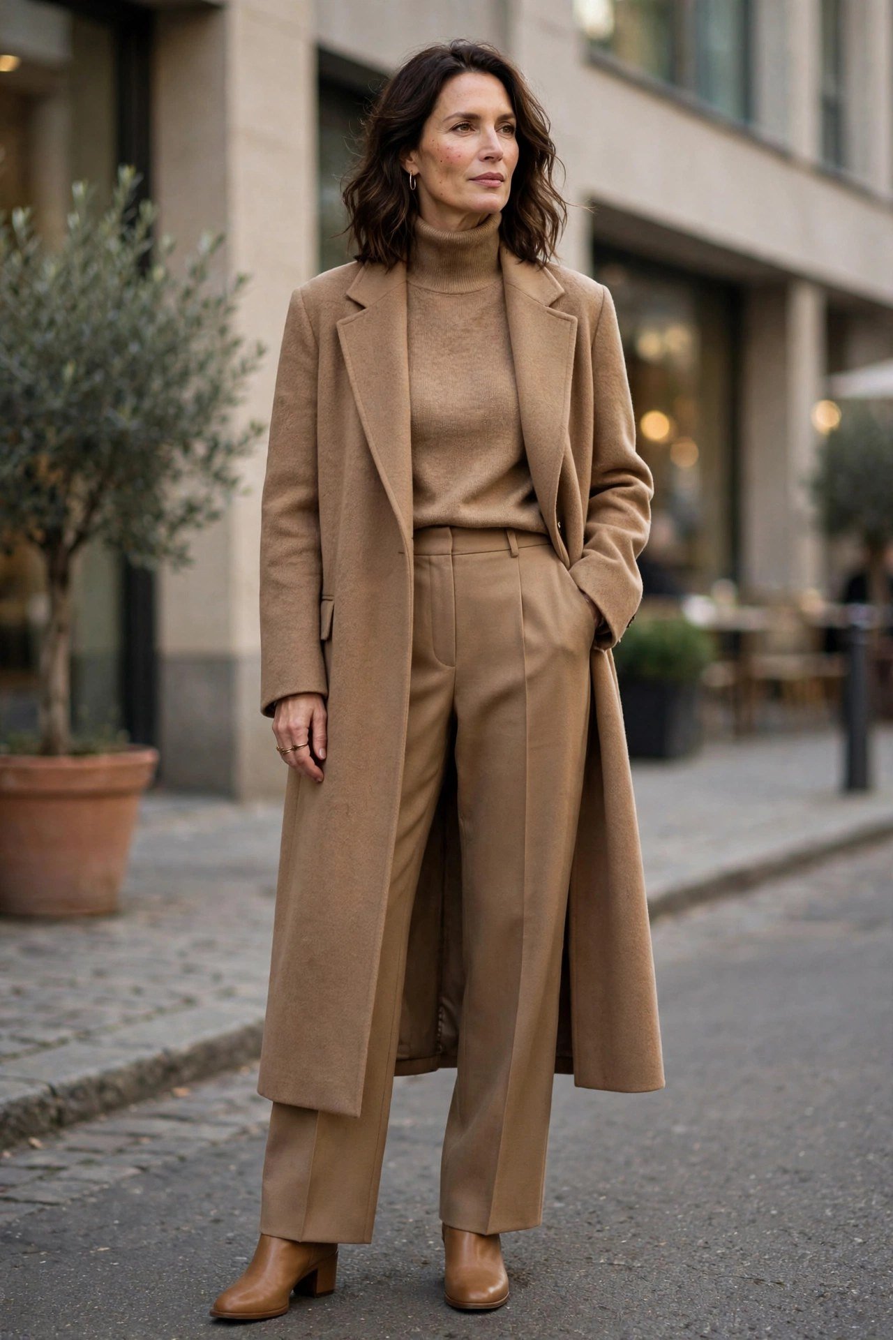 Woman in monochrome camel layered winter outfit