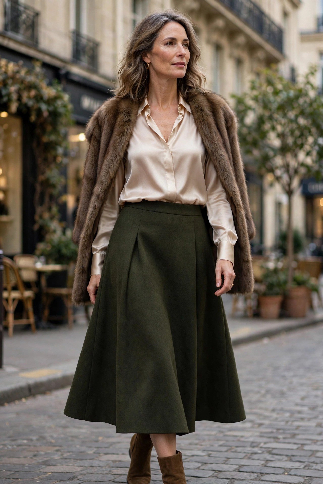 Woman in brown fur coat with satin blouse and skirt