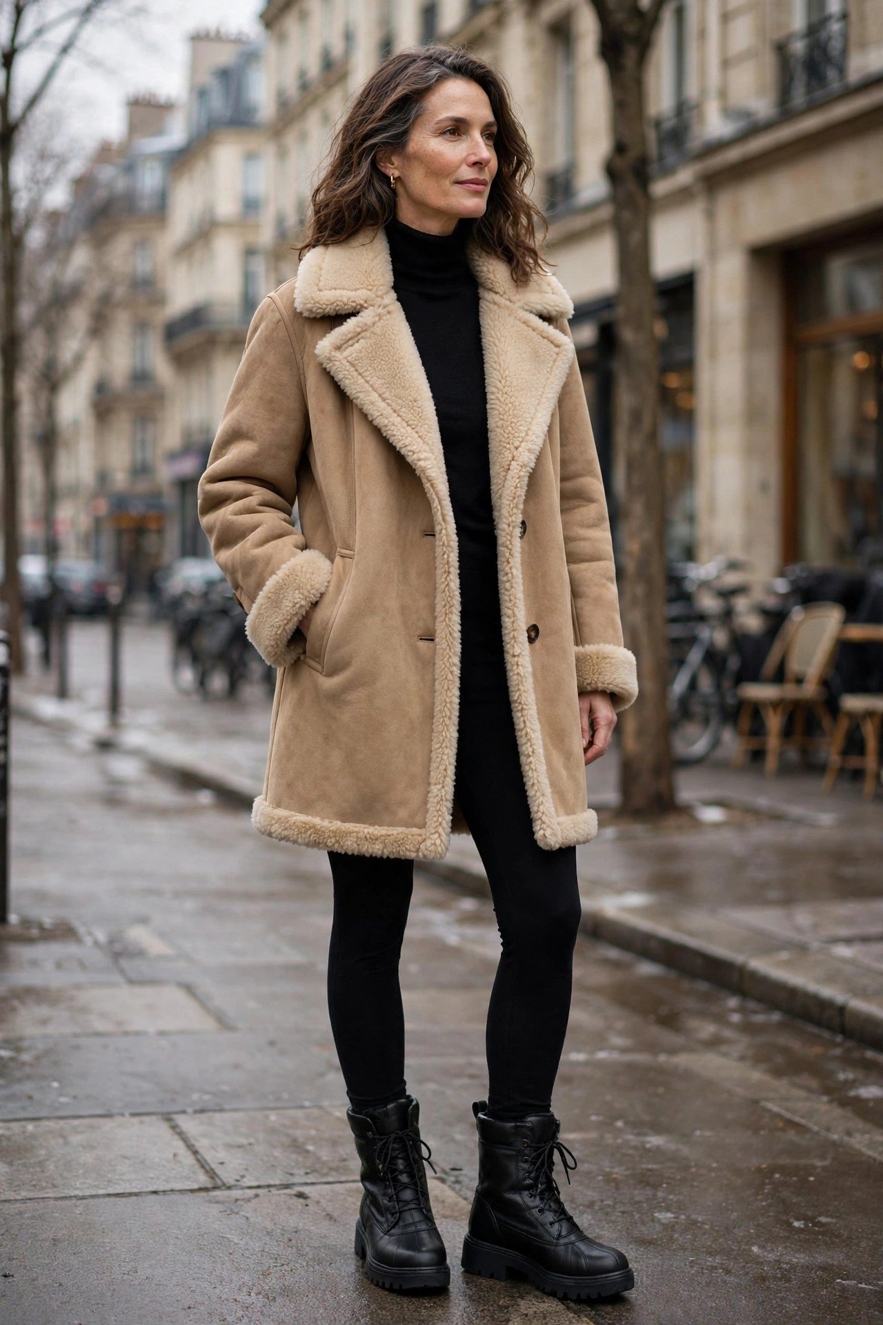 Woman in shearling coat with leggings and boots