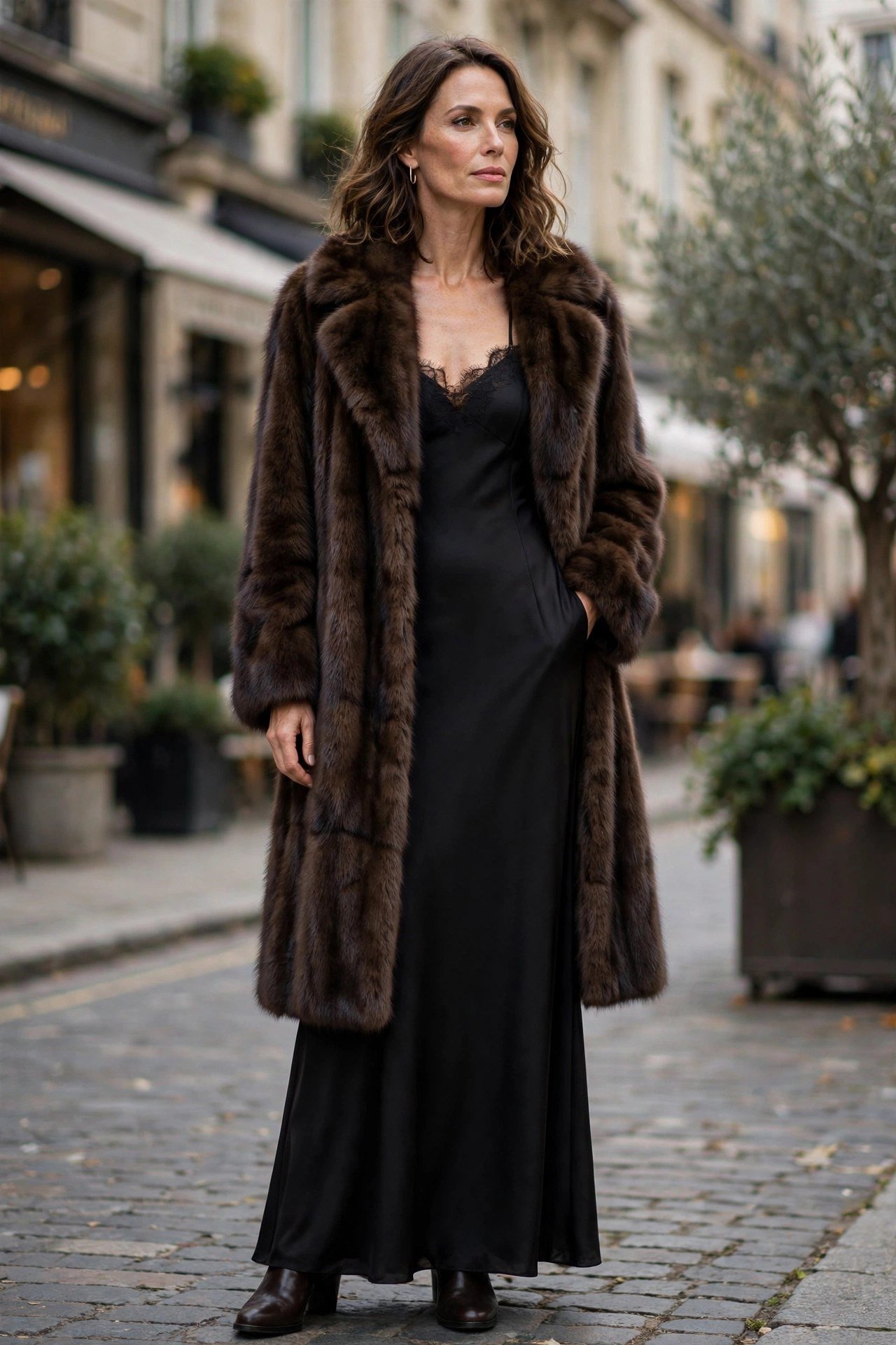 Woman in brown fur coat over black evening dress