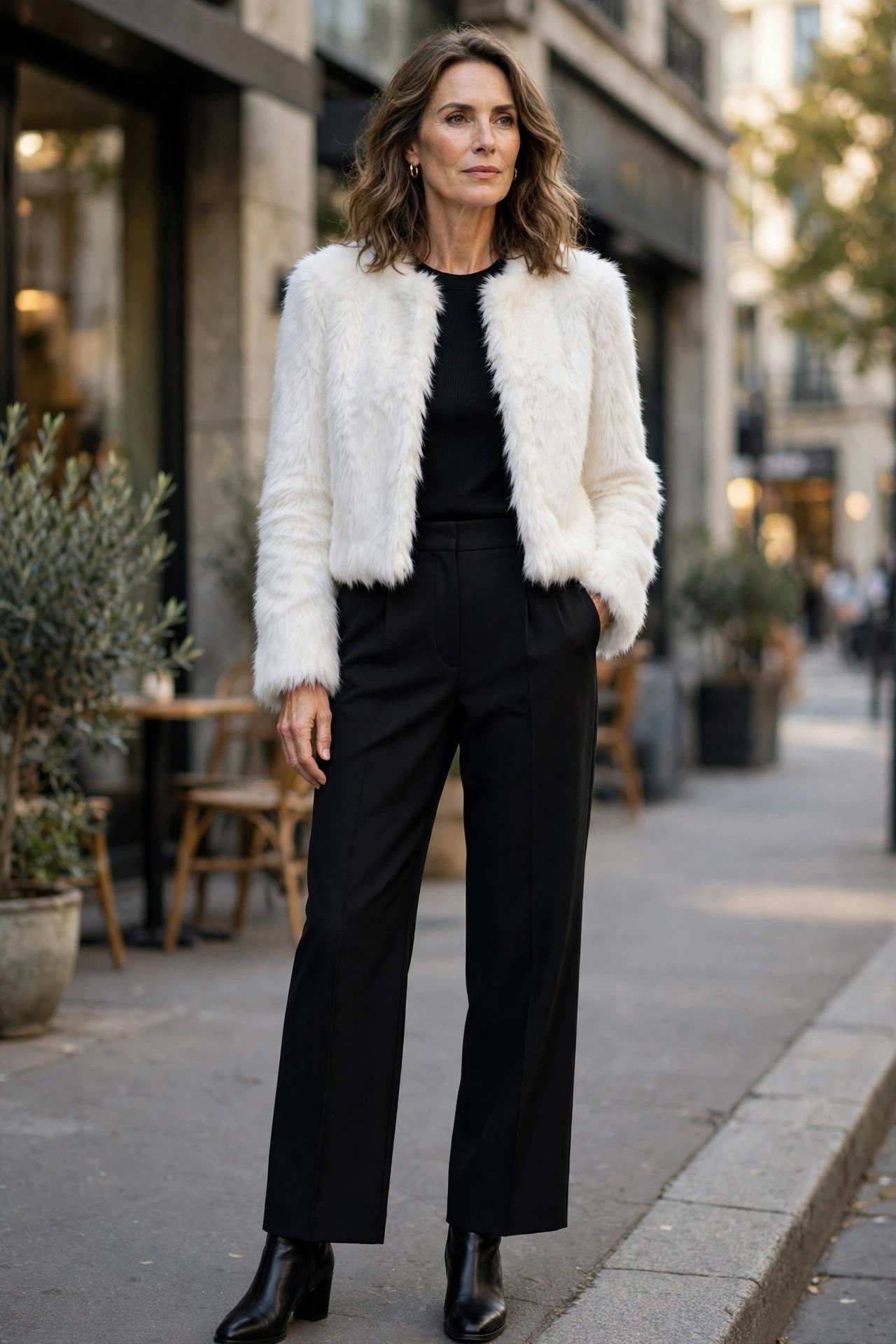 Woman in cropped faux fur jacket with high waisted trousers