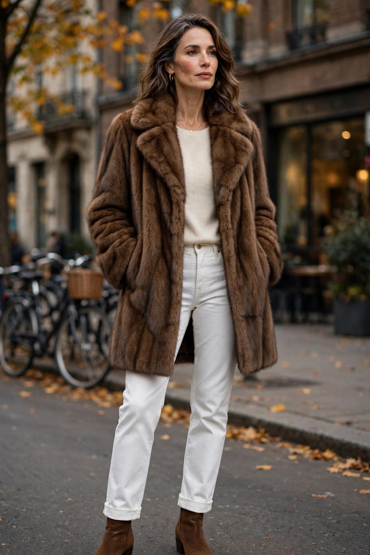 Woman in brown fur coat with white jeans