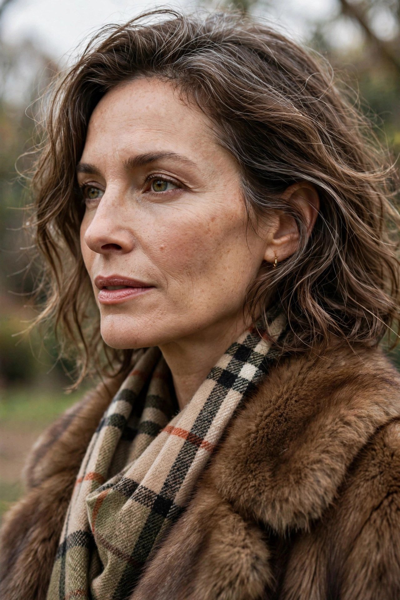 Woman in brown fur coat with plaid scarf