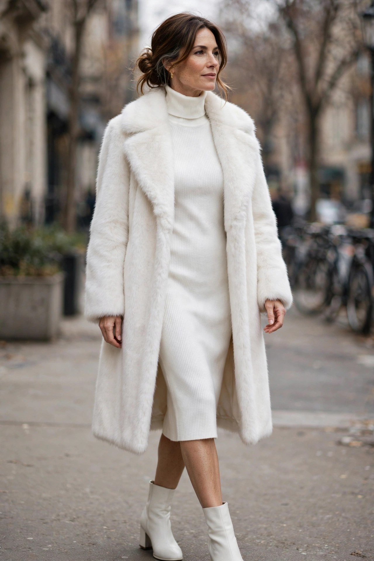 Woman in brown faux fur coat over turtleneck sweater dress