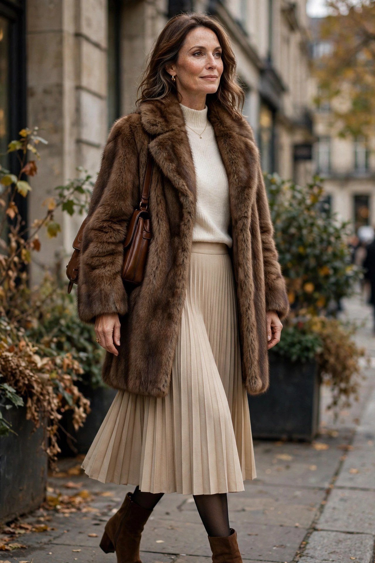 Woman in fur coat with pleated skirt winter outfit