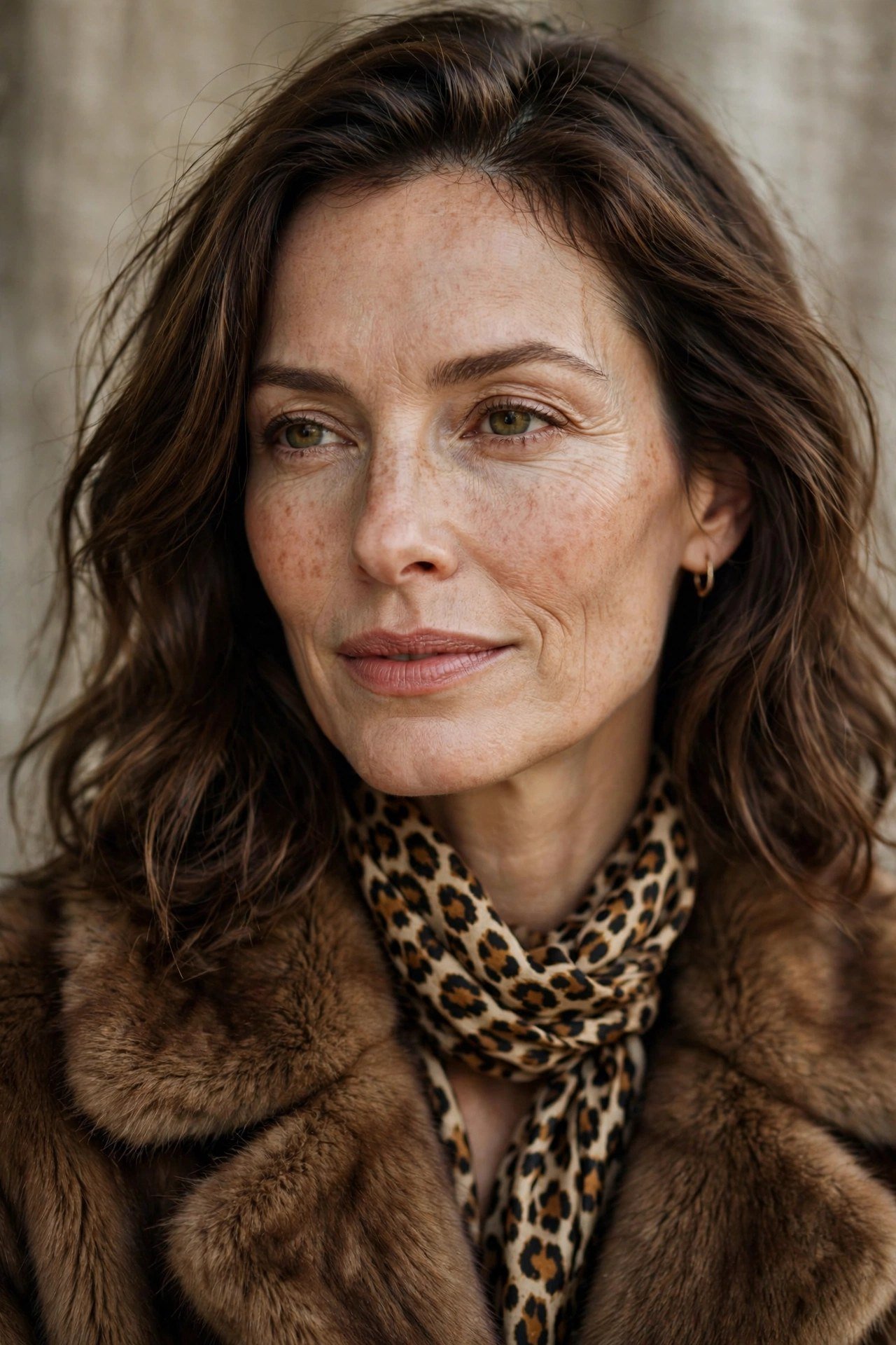 Woman in brown fur coat with leopard print scarf