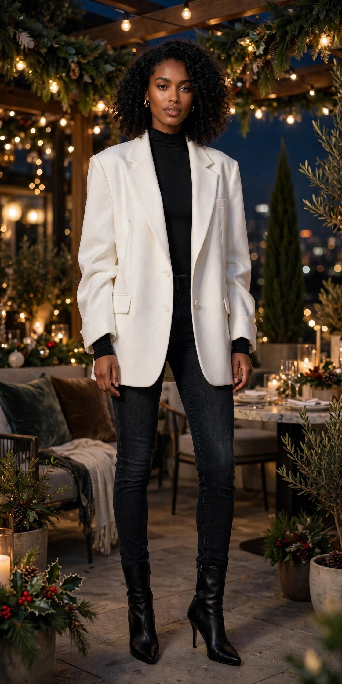 Woman in dark skinny jeans with a sequin blazer and heels