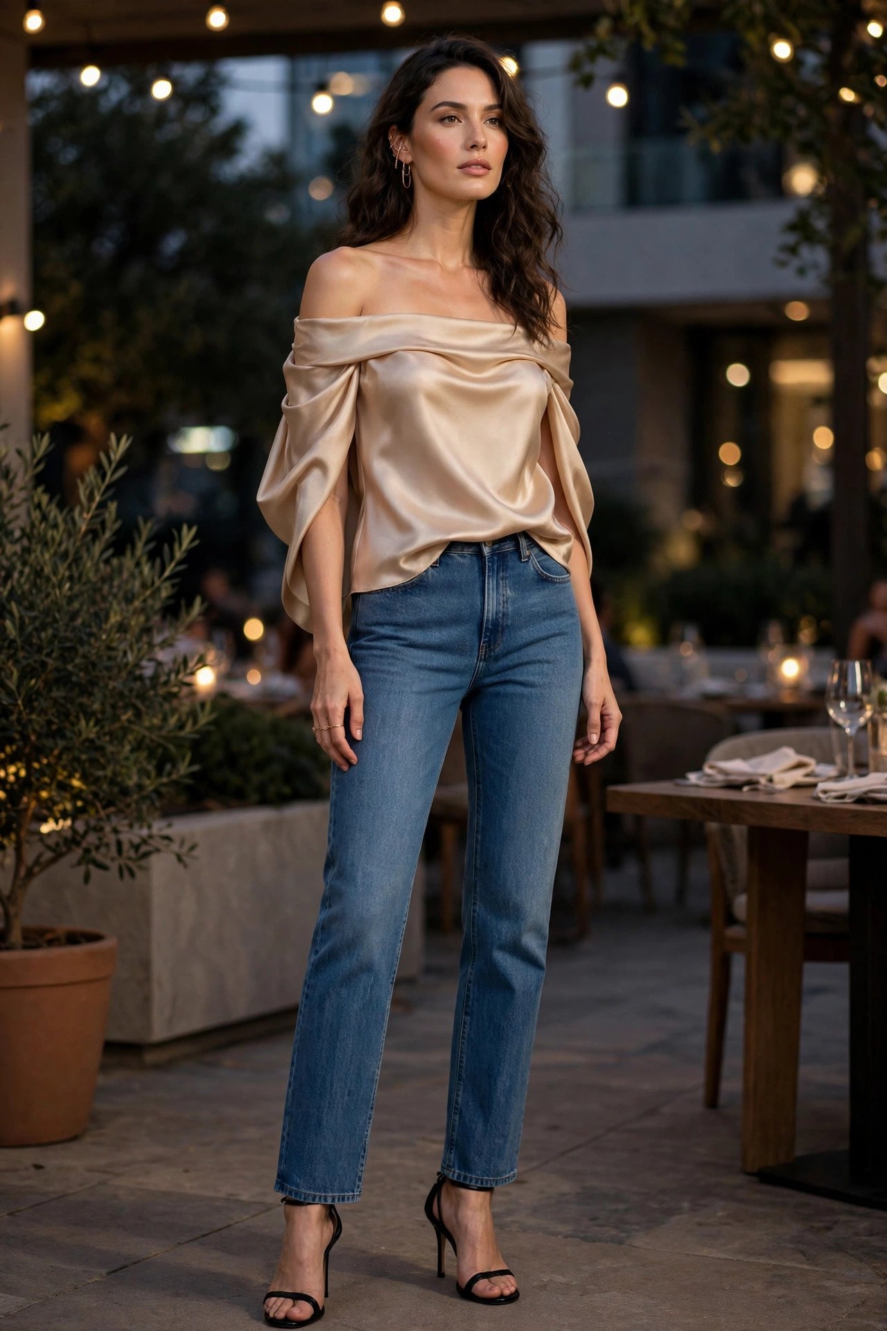 Woman in flared jeans with an off-shoulder black velvet top