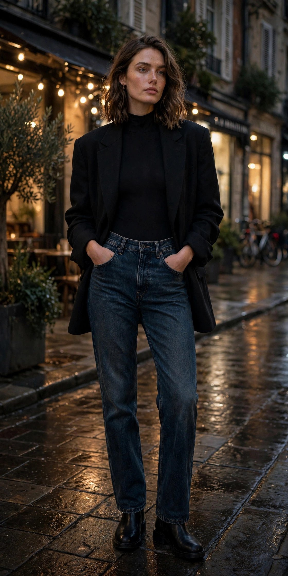 Woman in distressed jeans with a champagne cami and black blazer