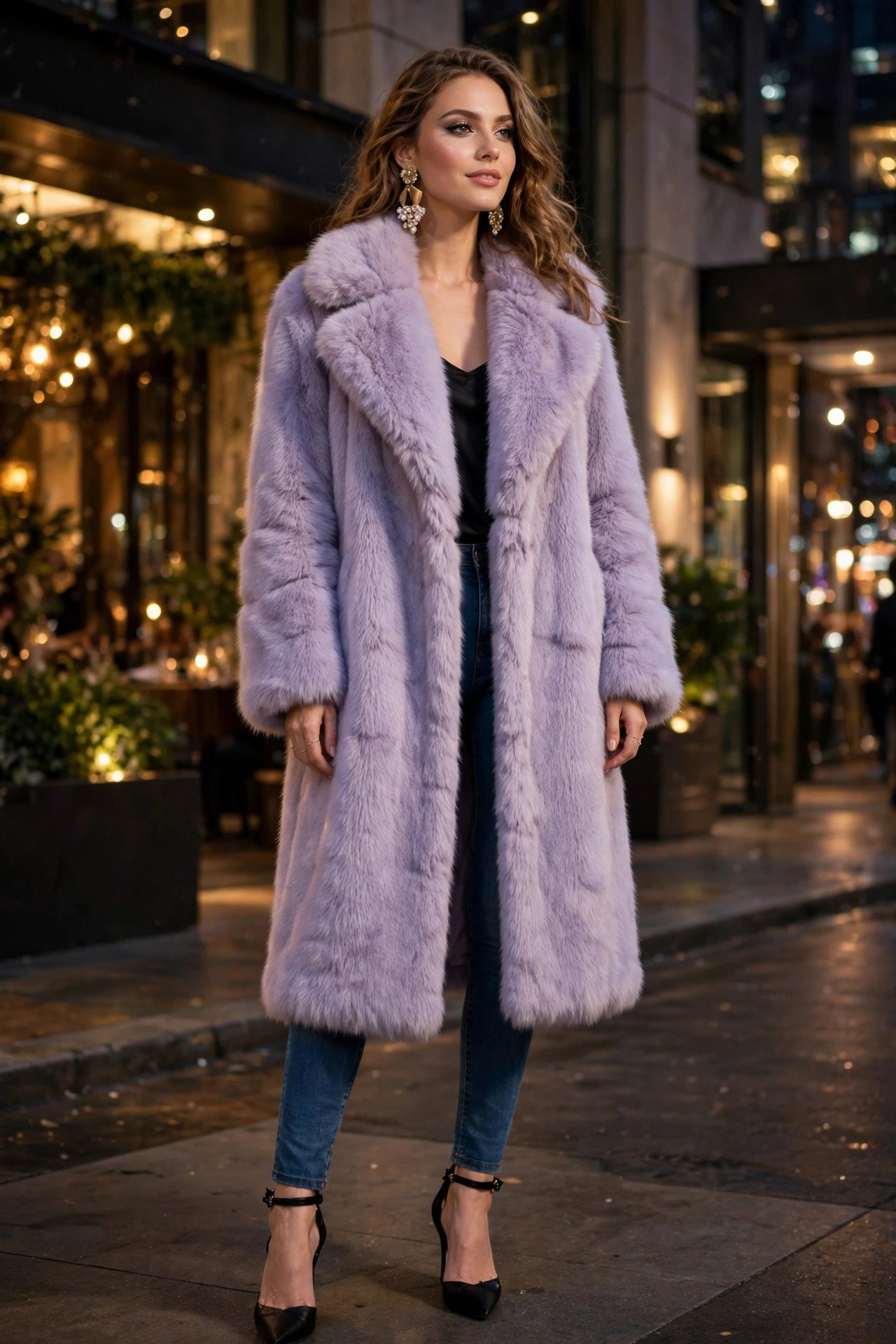 Woman in dark jeans with a cream faux-fur vest