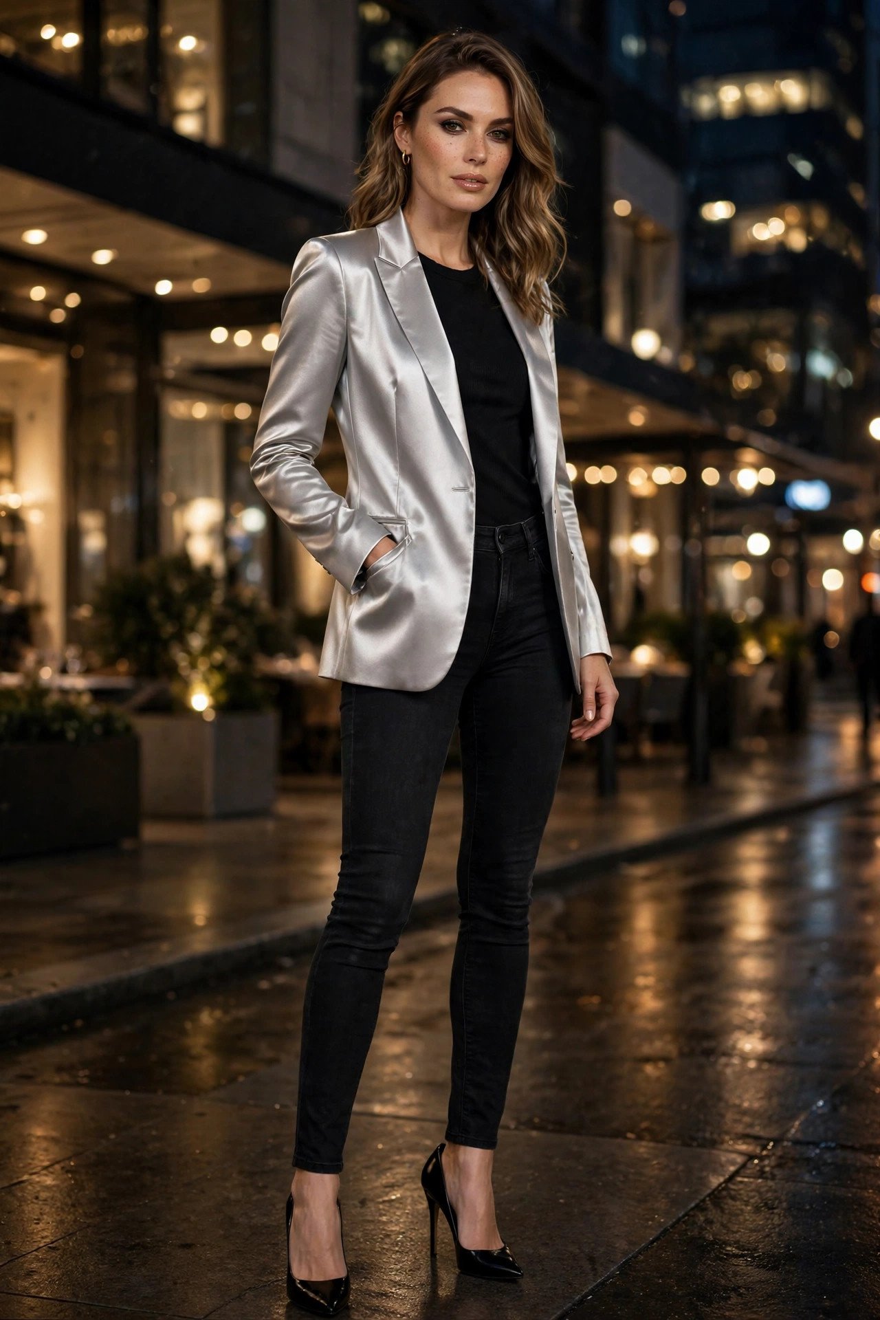 Woman in cropped flare jeans with a tweed jacket