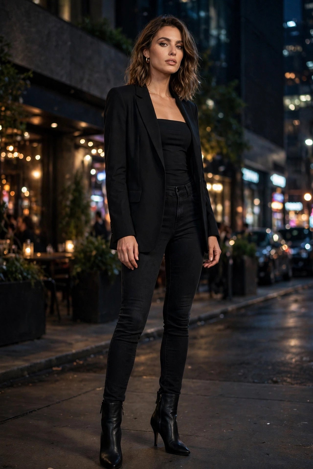Woman in black jeans with a cream cable-knit sweater and ankle boots