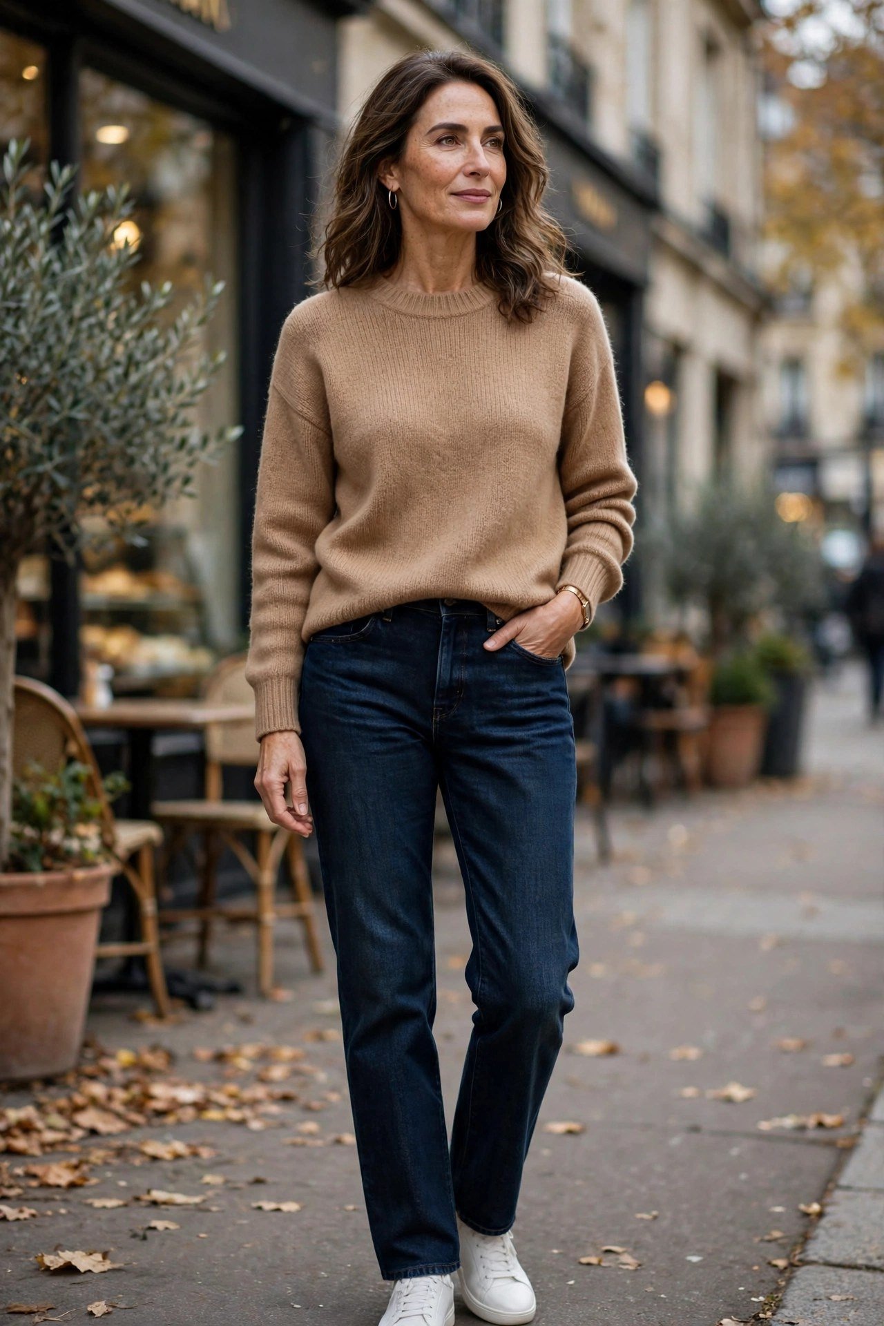 Woman in black trench coat with camel sweater and dark jeans