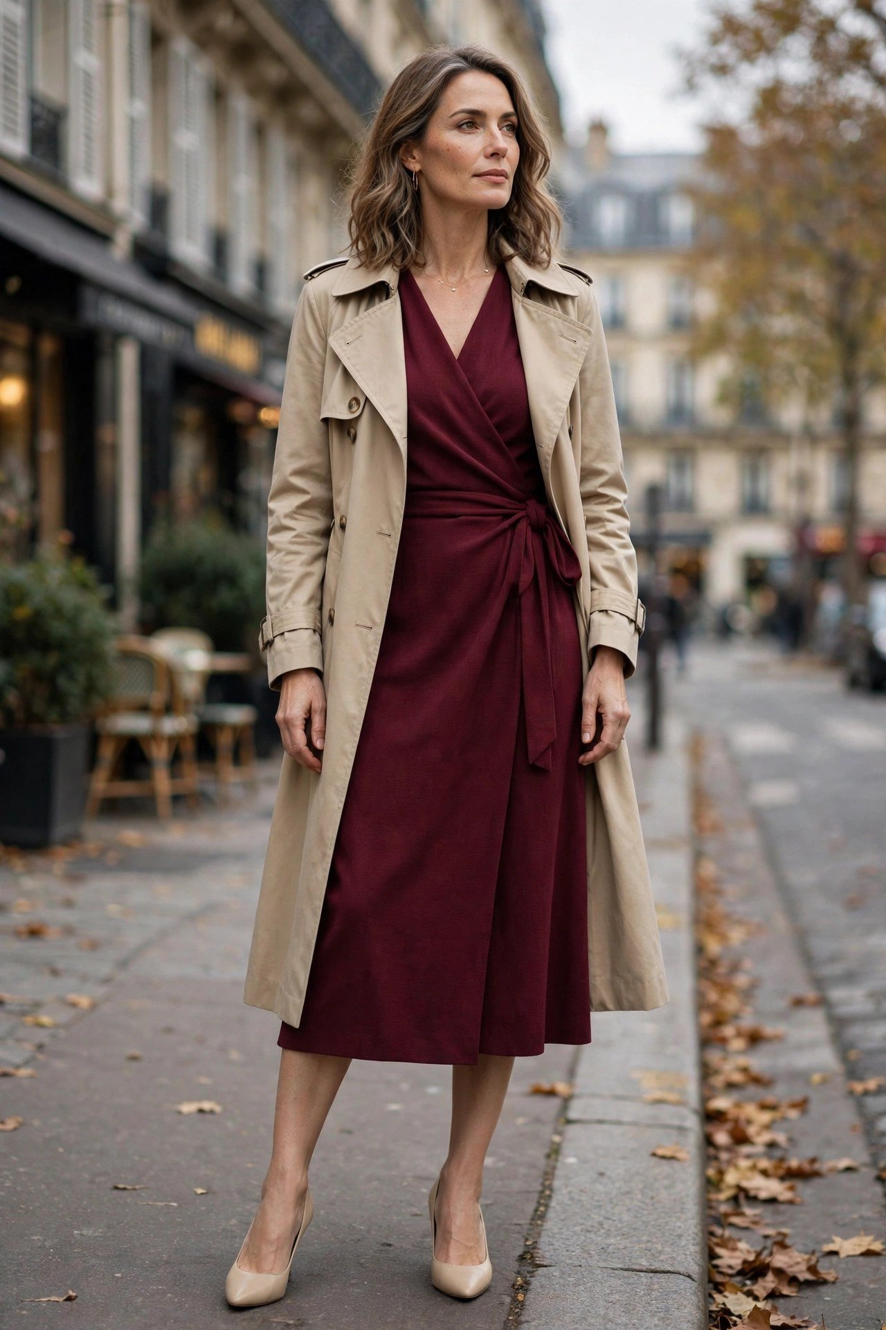 Woman in black trench coat with wrap dress and pumps