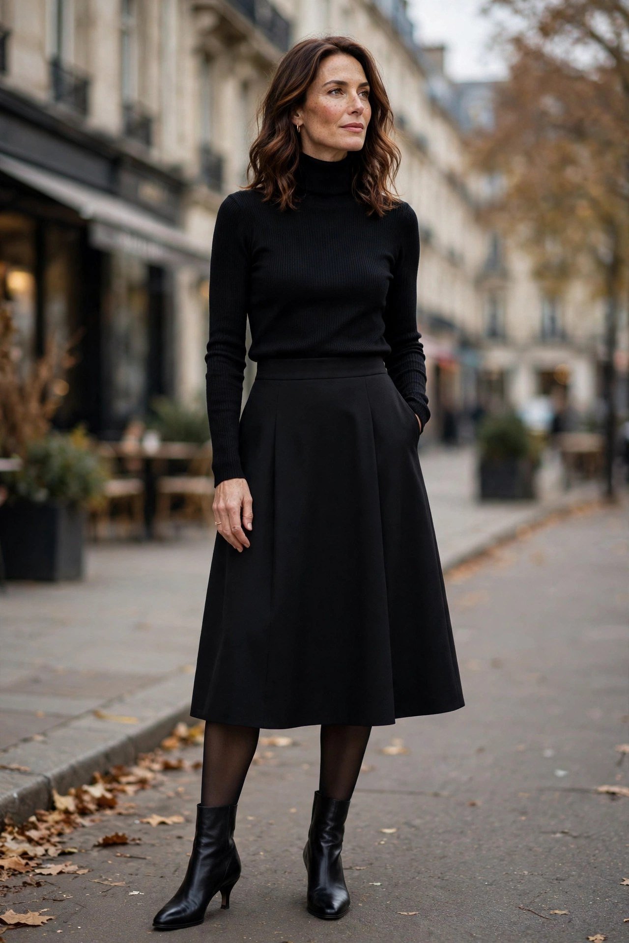 Woman in black trench coat with turtleneck and A-line skirt