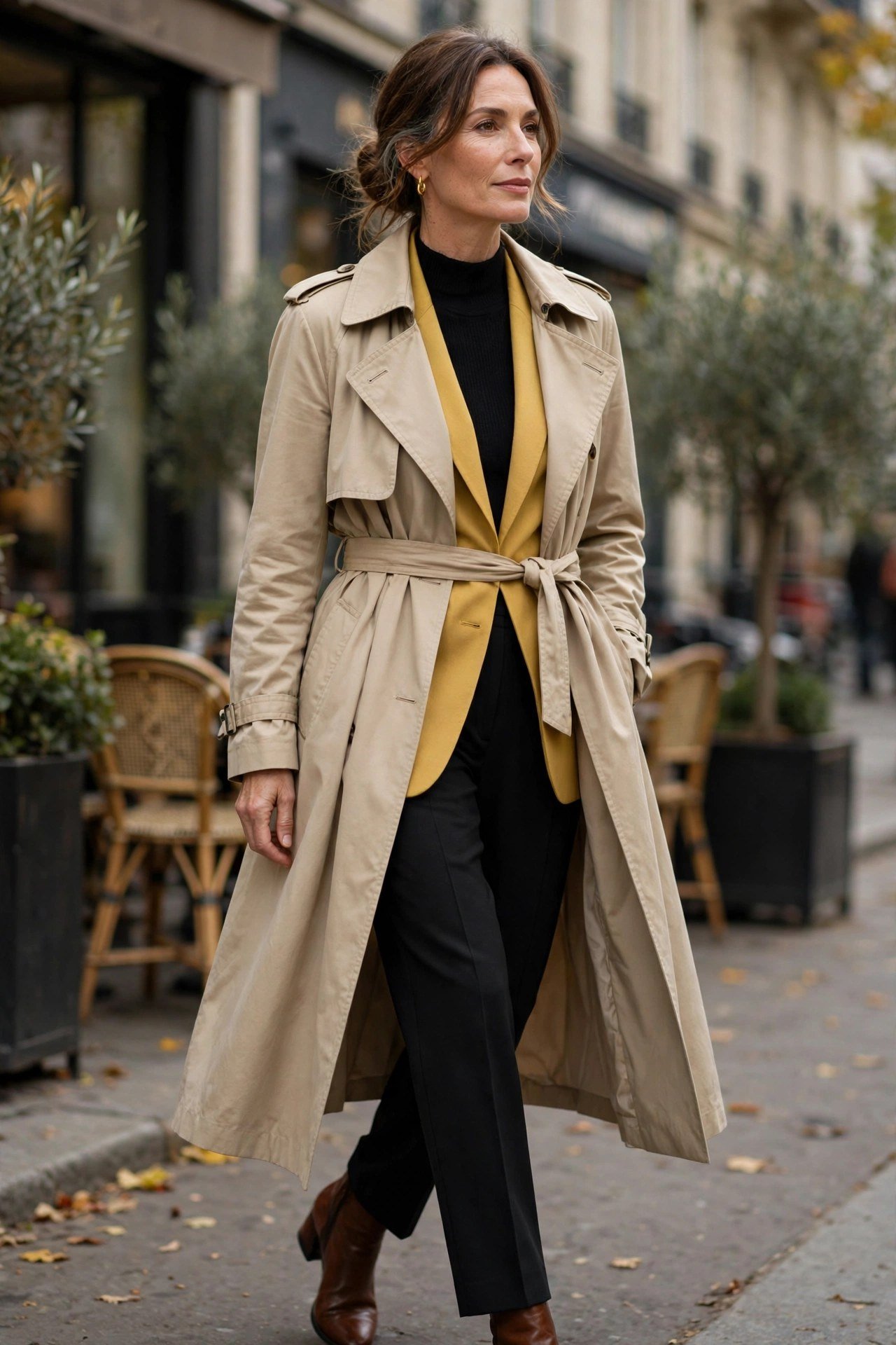 Woman layering a blazer under a black trench coat