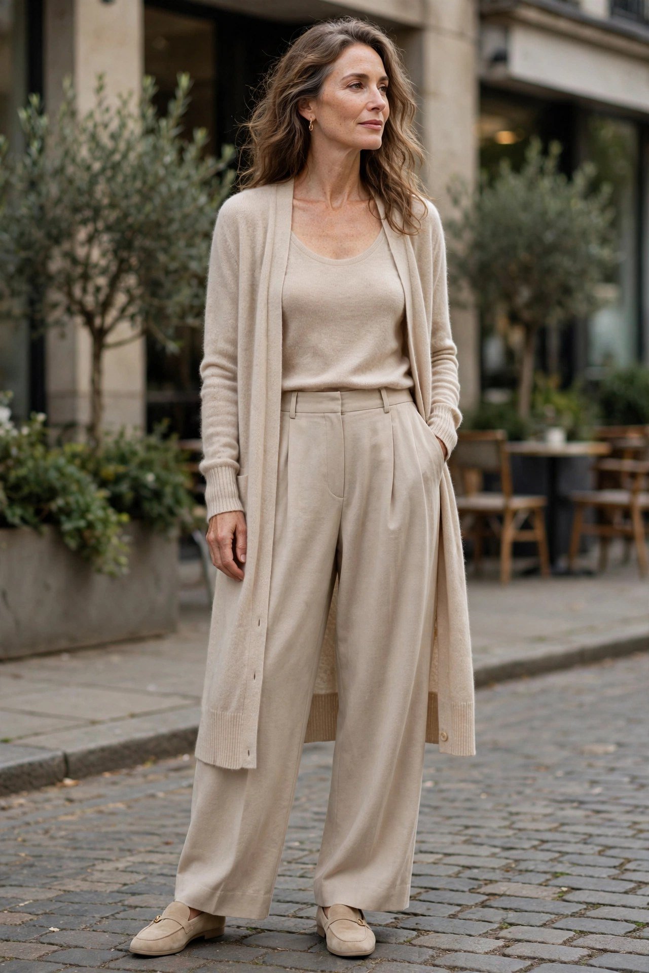 Woman in black trench coat with cashmere knit and neutral trousers