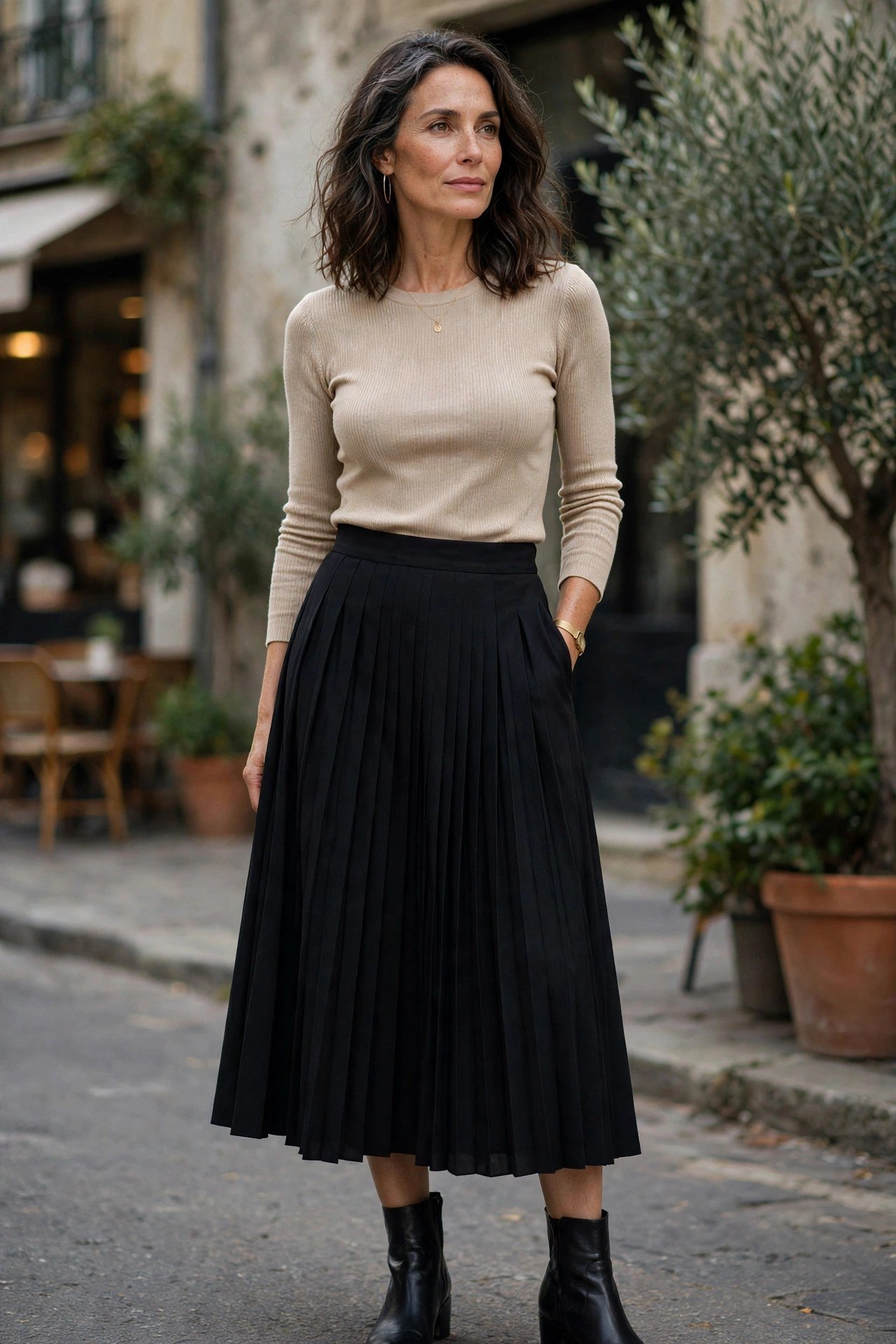 Woman in black trench coat with pleated midi skirt and boots