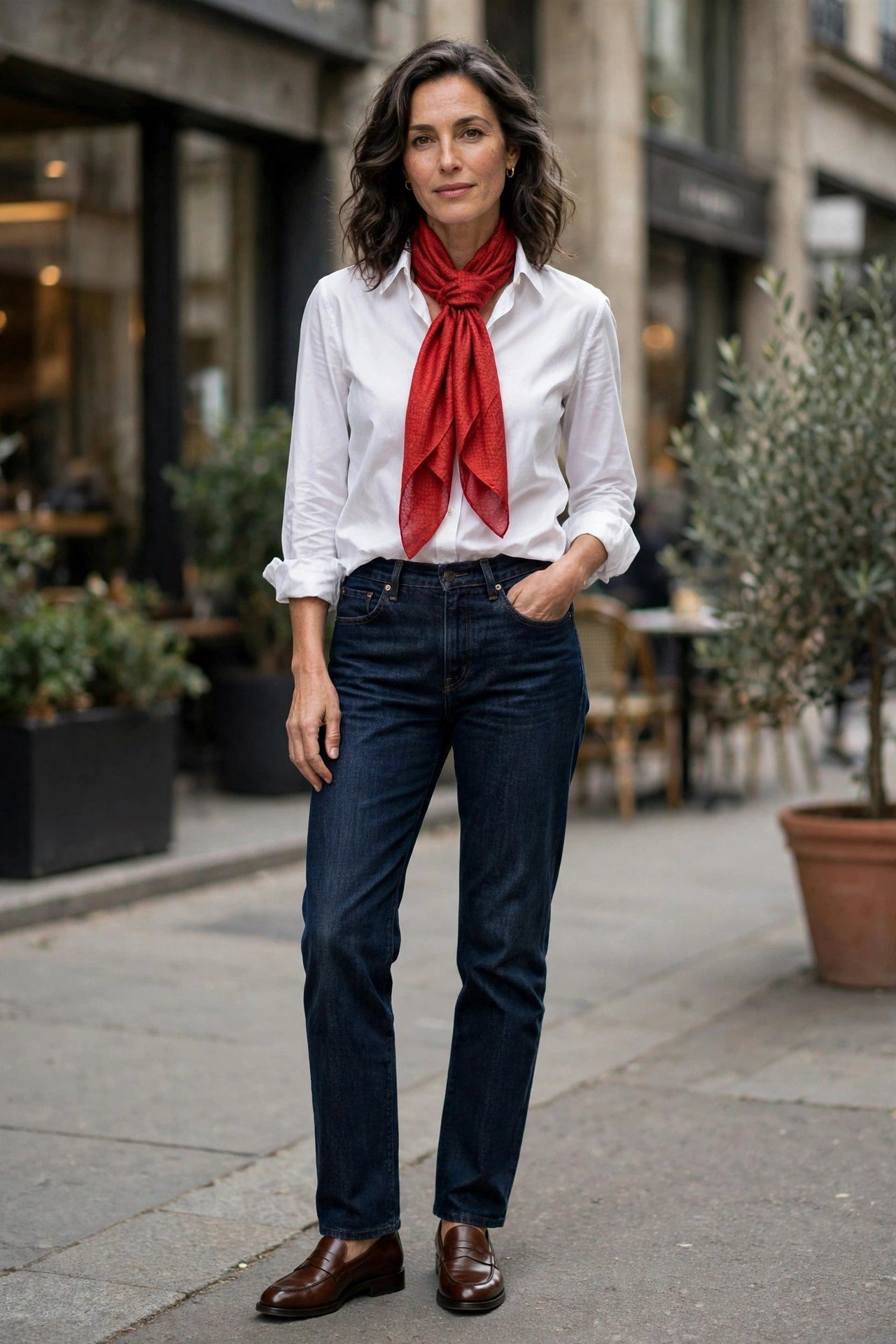 Woman in black trench coat with dark denim and loafers