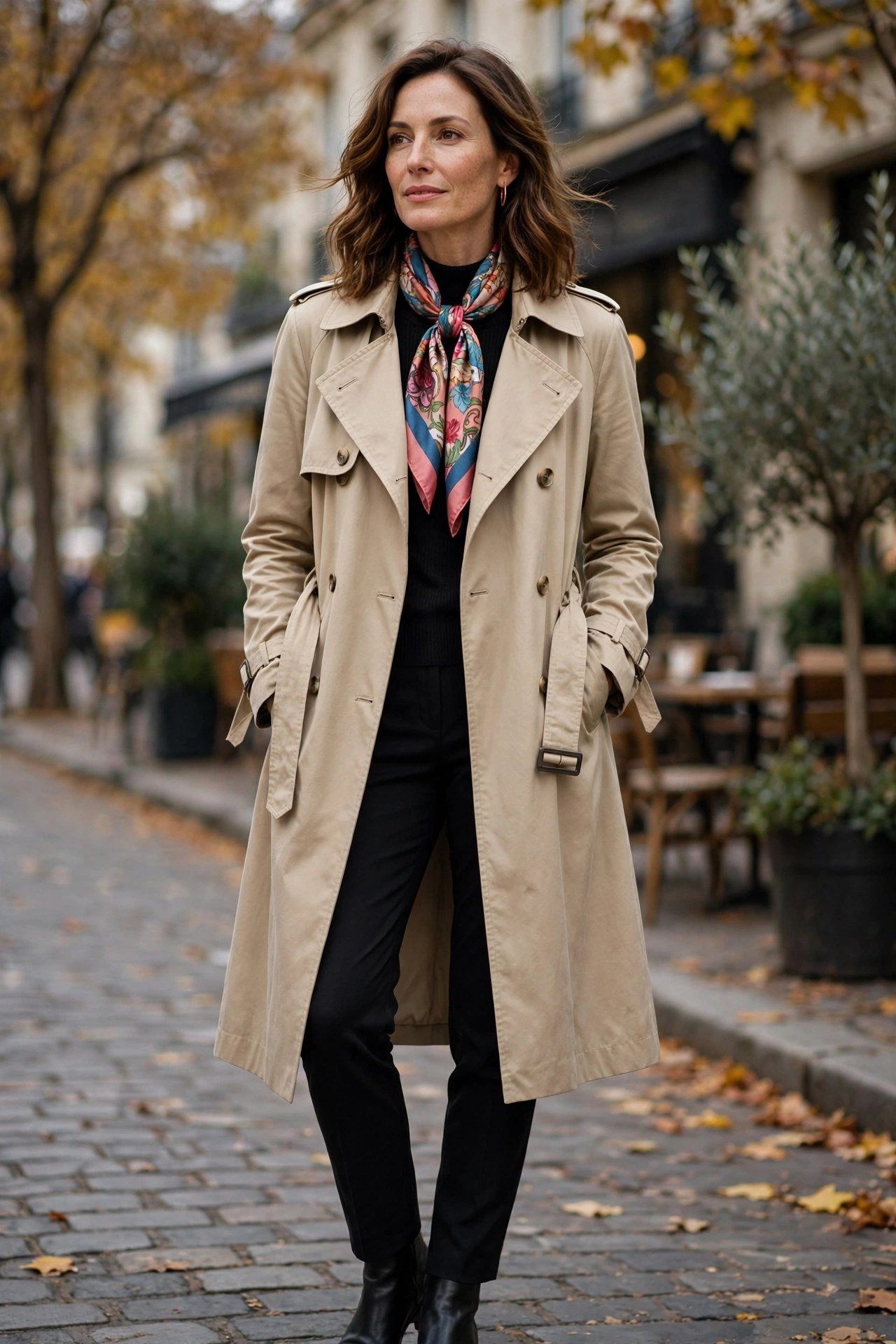Woman styling a black trench coat with a silk scarf