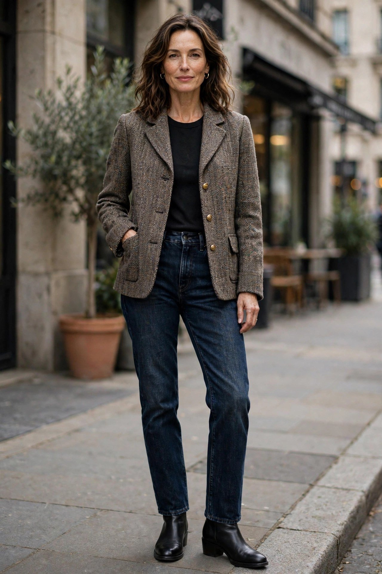 Woman in black trench coat with tweed jacket and jeans