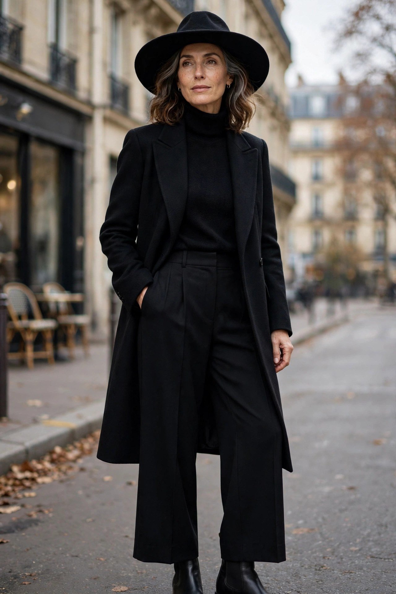 Woman in sophisticated all-black outfit with trench coat