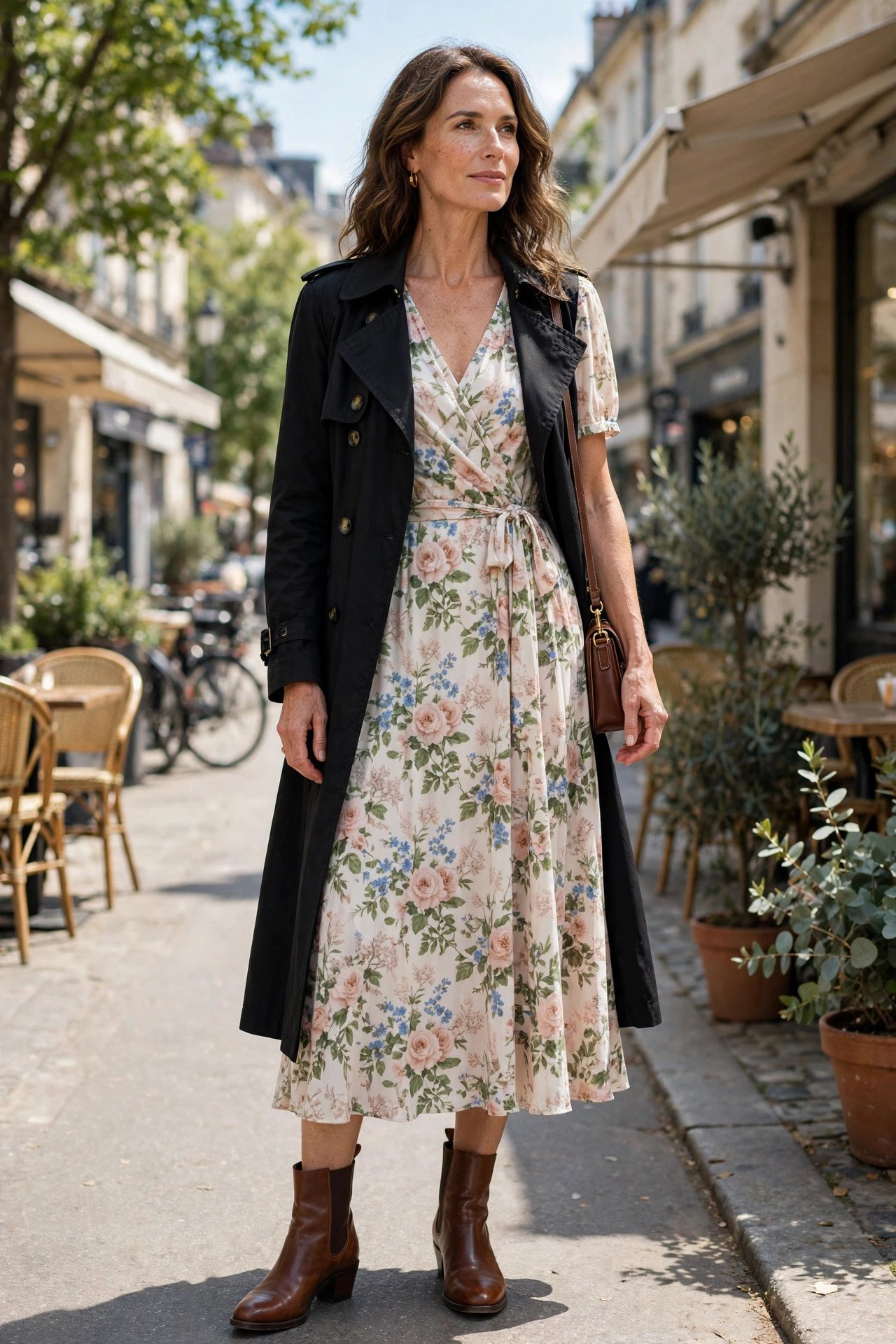 Woman in black trench coat with floral midi dress